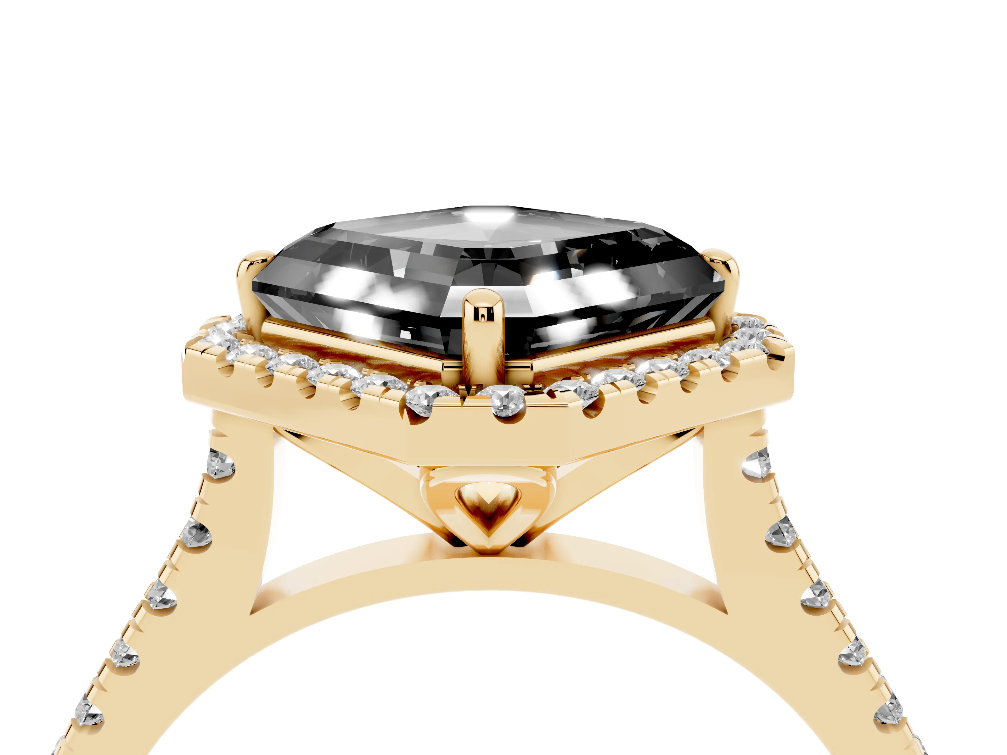 Fancy Black Asscher Cut Diamond Cushion Halo Ring Set in Yellow gold with Pavé Band