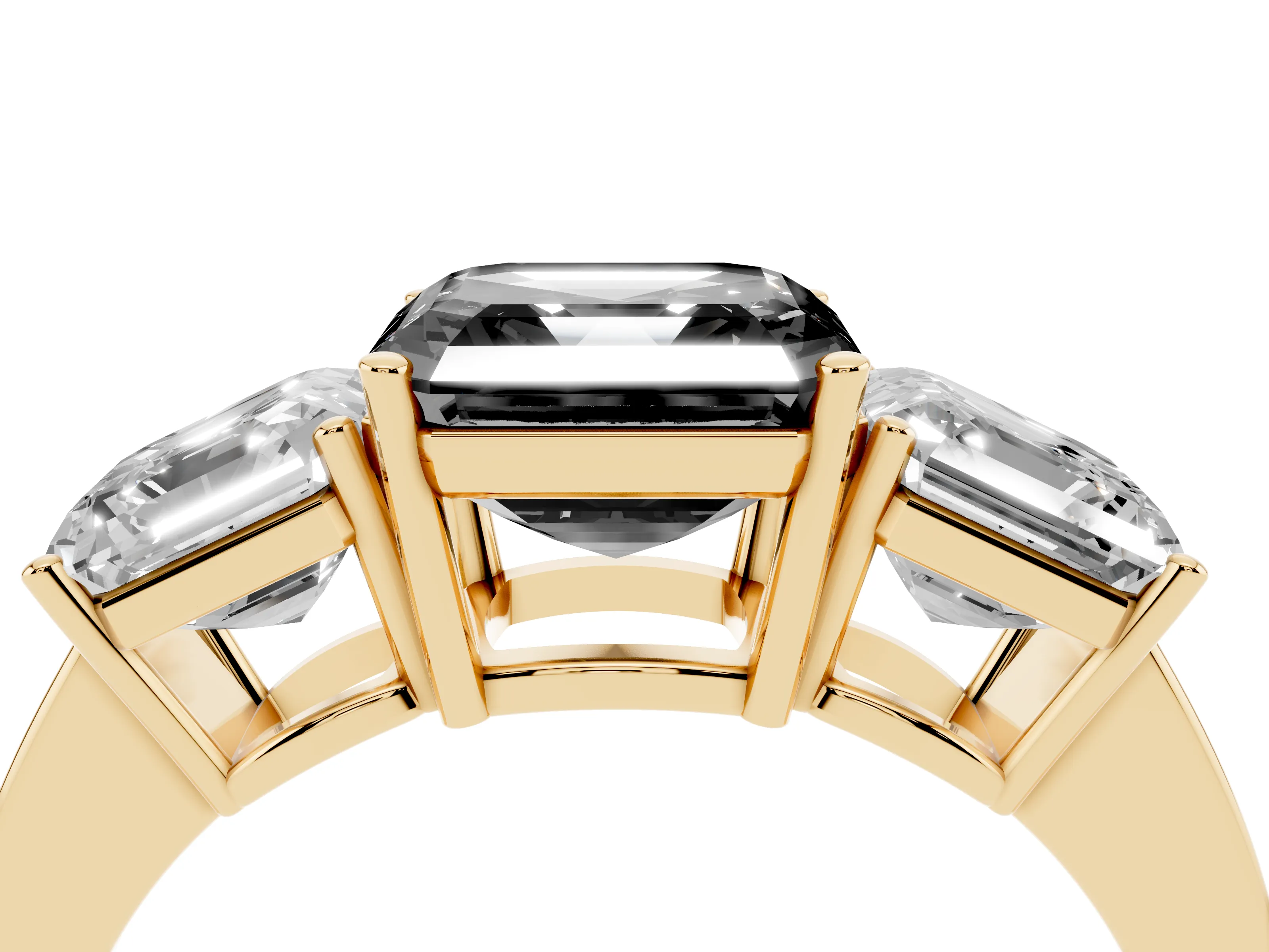 Fancy Black Asscher Cut Diamond Three-Stone Engagement Ring Set in Yellow gold with Flat Band