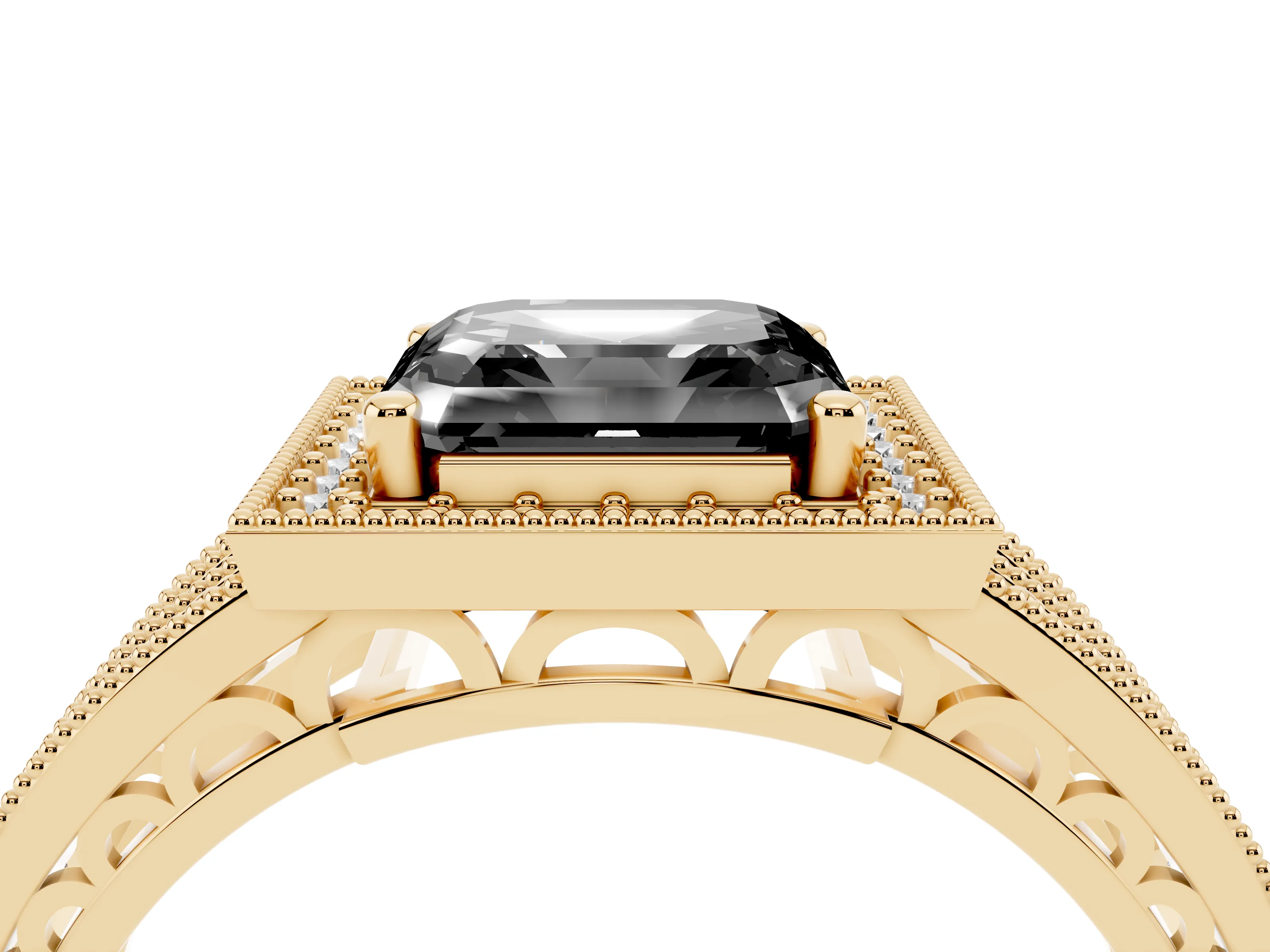 Fancy Black Asscher Cut Diamond Halo Ring Set in Yellow gold with Accent Split Shank and Prong Setting