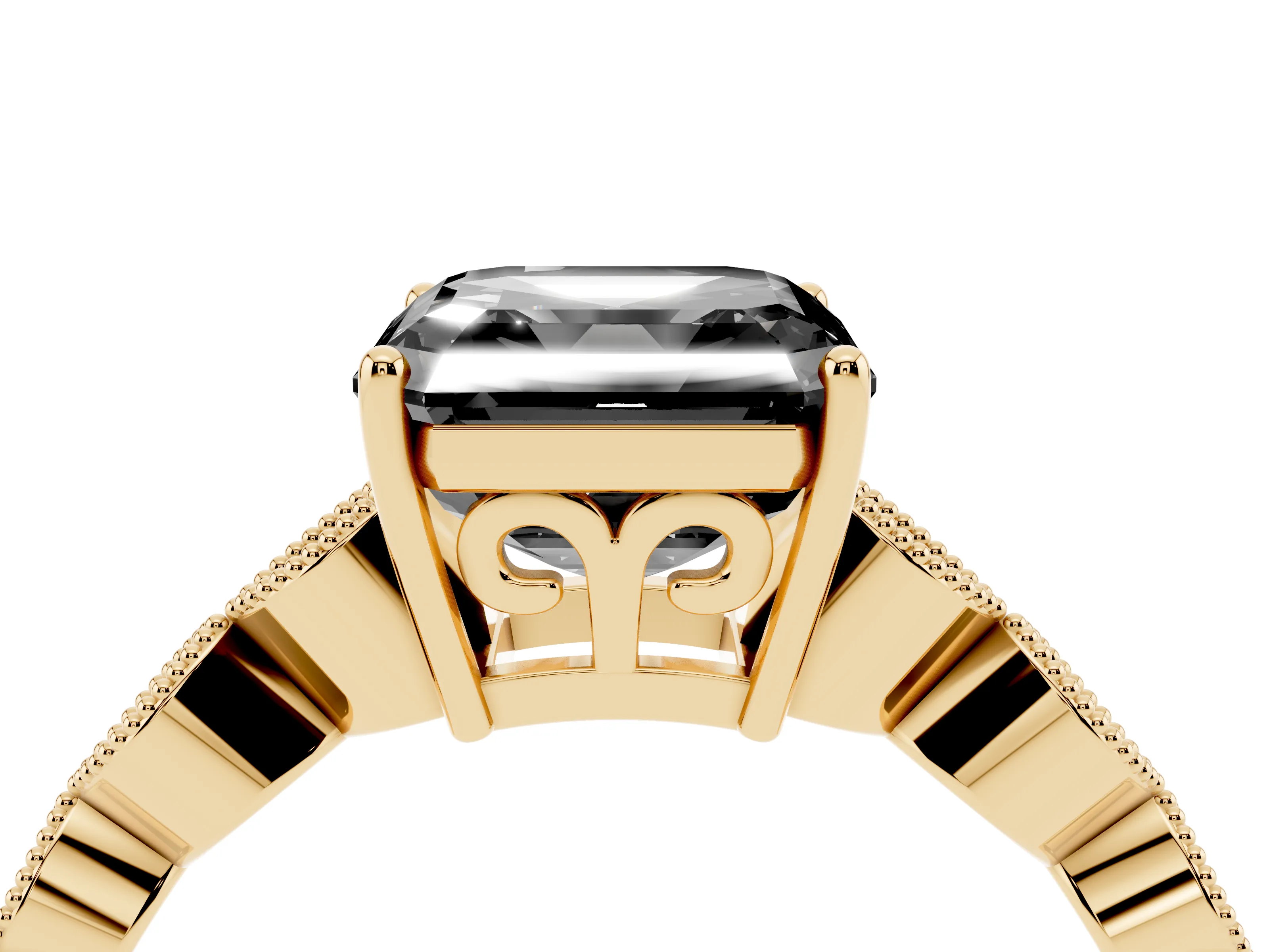 Fancy Black Asscher Cut Diamond Solitaire Ring Set in Yellow gold with Infinity Twist Pavé Band