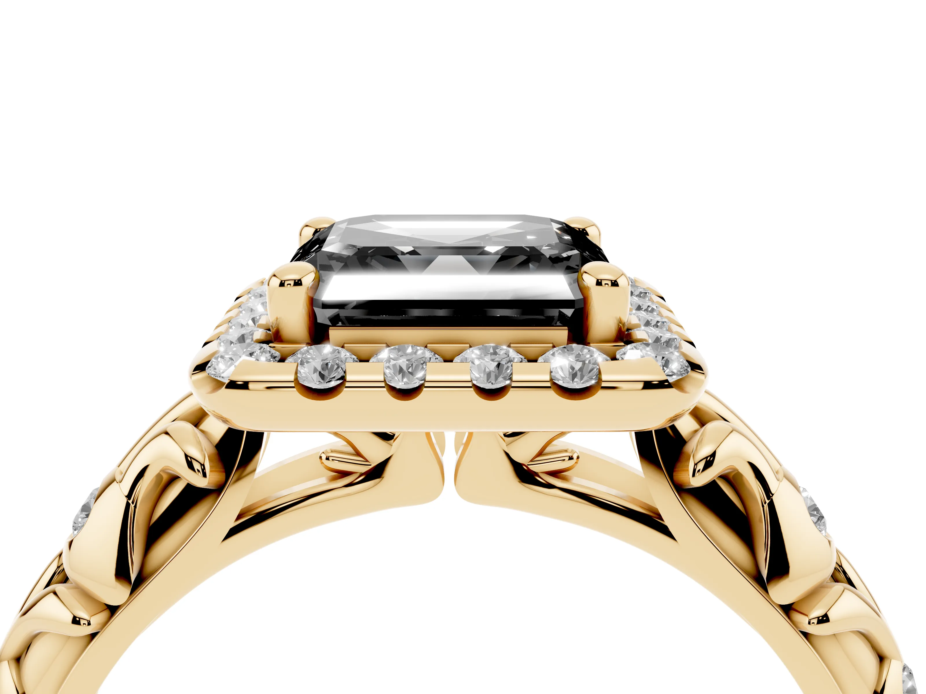 Fancy Black Asscher Cut Diamond Halo Ring Set in Yellow gold with Filigree Leaf Band and Prong Setting