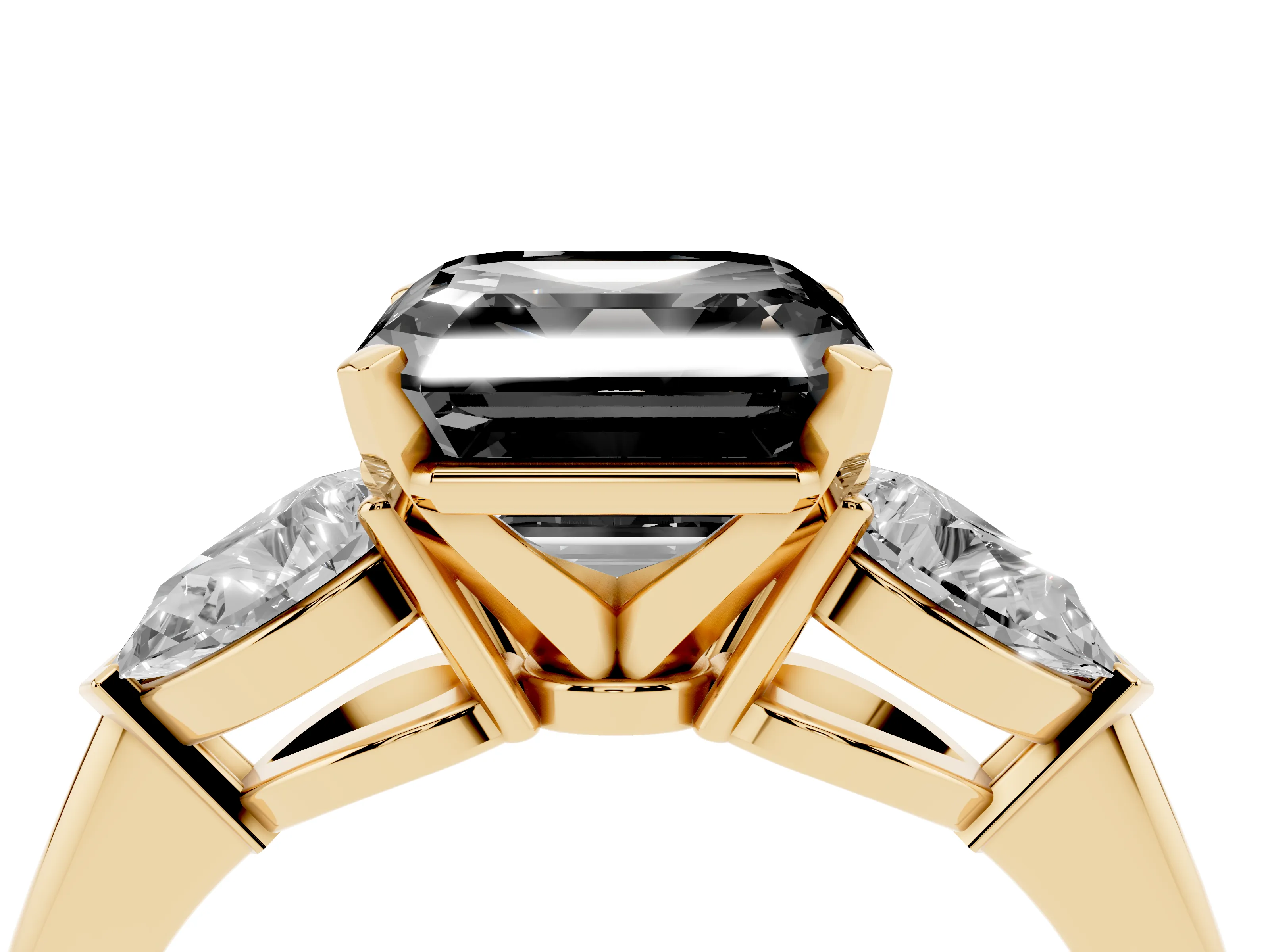 Fancy Black Three-Stone Asscher Cut Diamond Ring Set in Yellow gold with Pear Side Stones and Prong Setting
