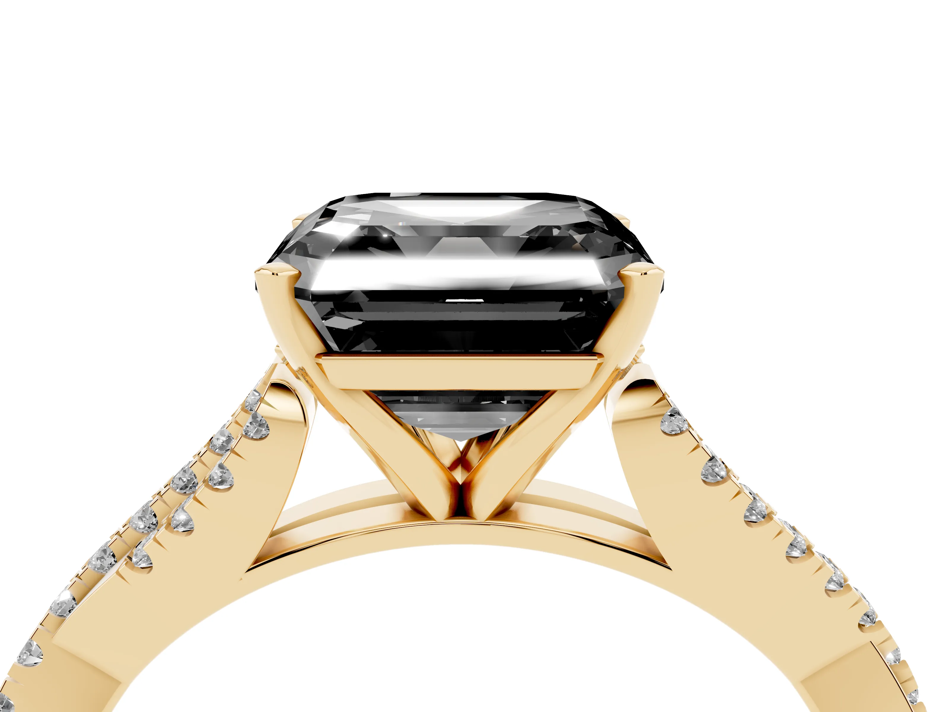 Fancy Black Asscher Cut Diamond Solitaire Engagement Ring Set in Yellow gold with Twisted Pavé Band and Prong Setting
