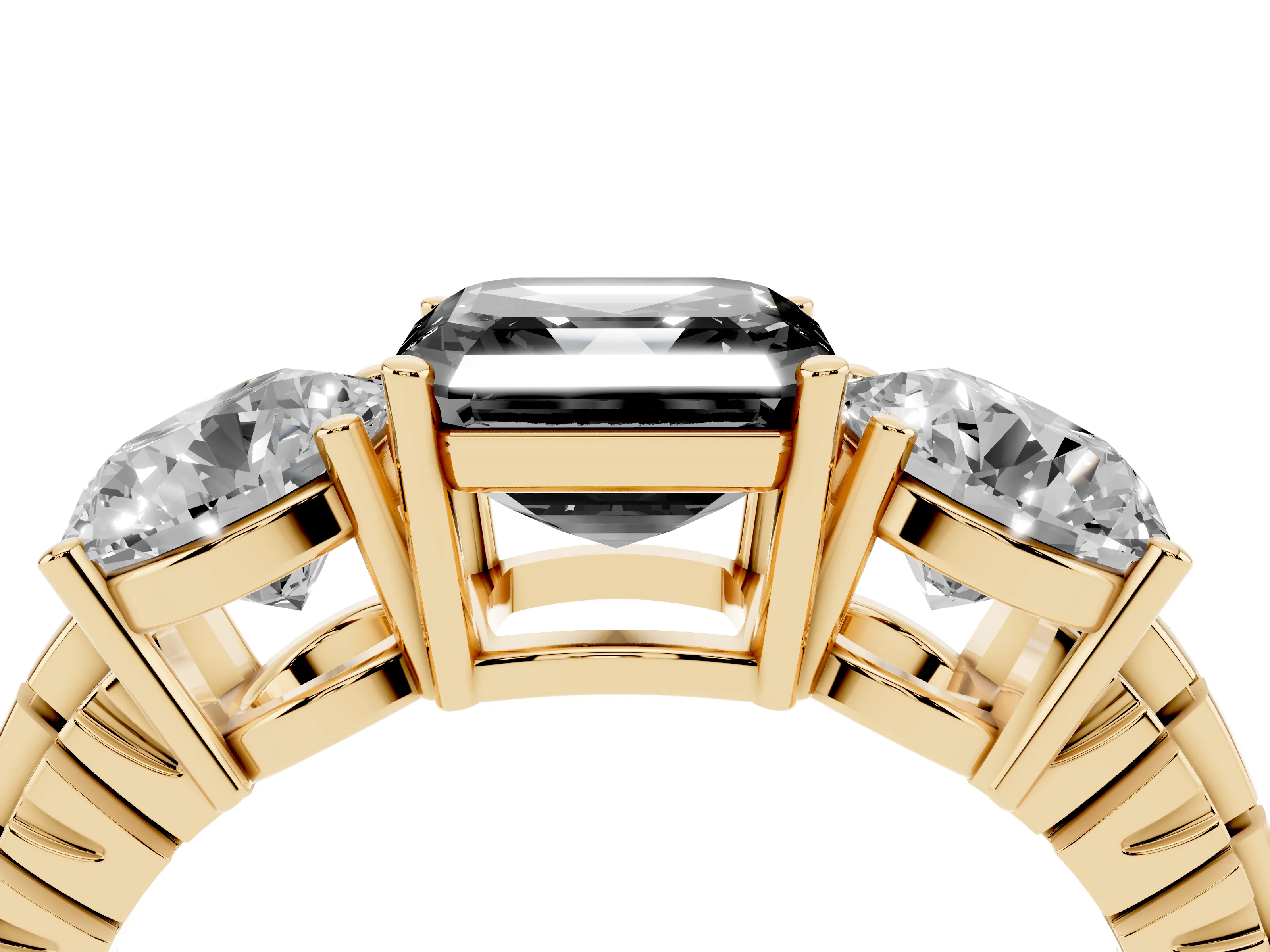 Fancy Black Asscher Cut Diamond Three-Stone Ring Set in Yellow gold with Channel-Set Accent Band