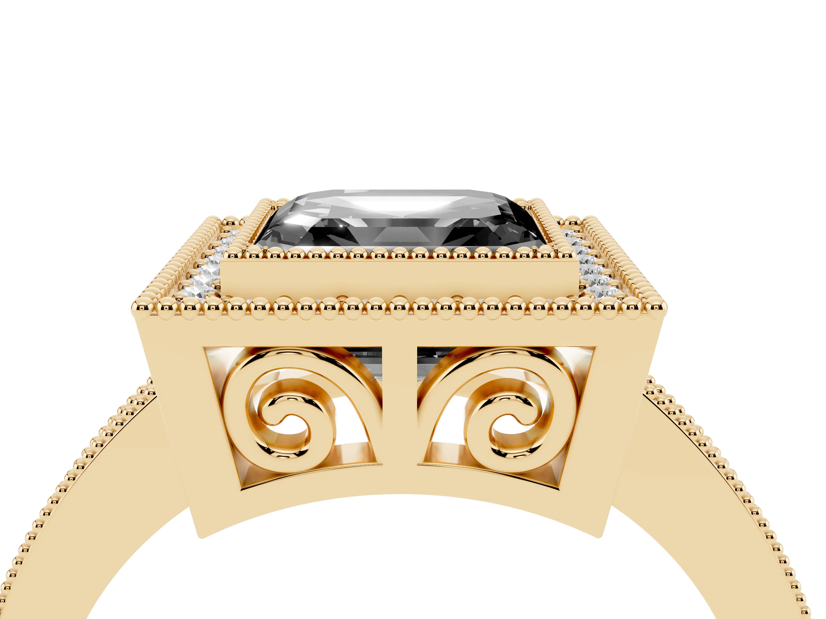 Fancy Black Asscher Cut Diamond Round Halo Ring Set in Yellow gold with Pavé Band