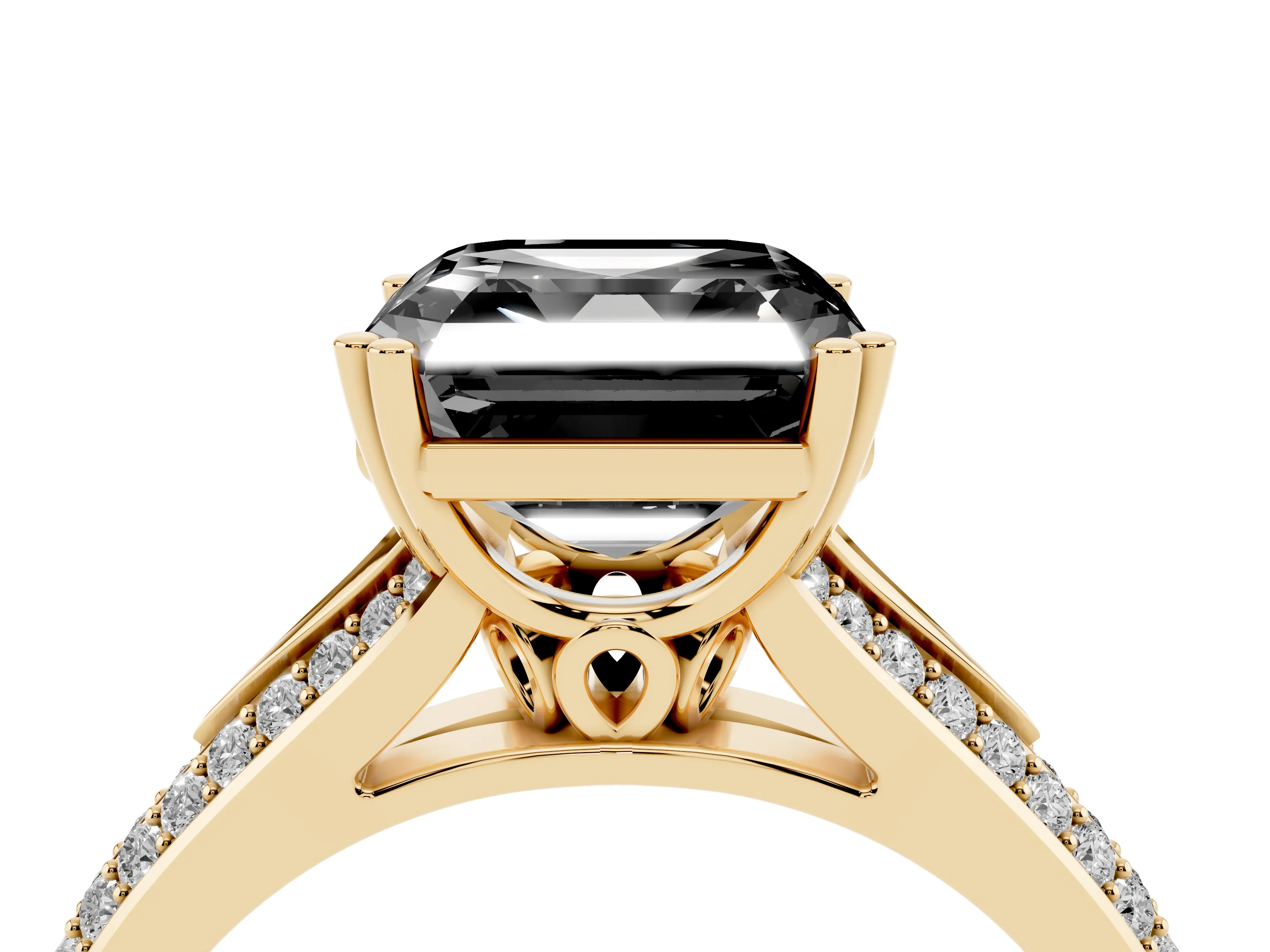 Fancy Black Asscher Cut Diamond Split Shank Pavé Engagement Ring Set in Yellow gold with Prong-Set Center Stone