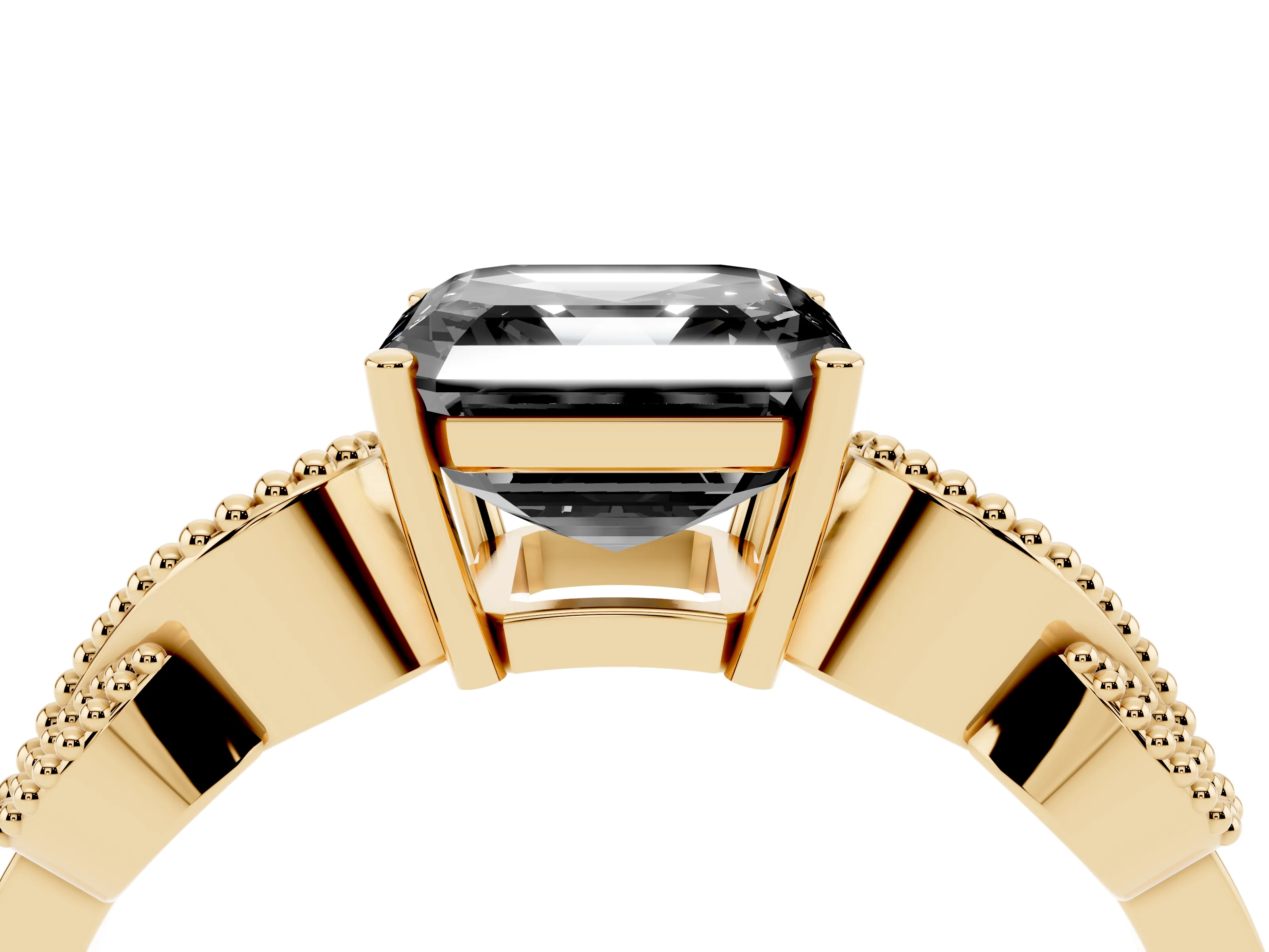 Fancy Black Asscher Cut Diamond Milgrain Leaf Band Solitaire Ring Set in Yellow gold with Accent Stones and Prong Setting