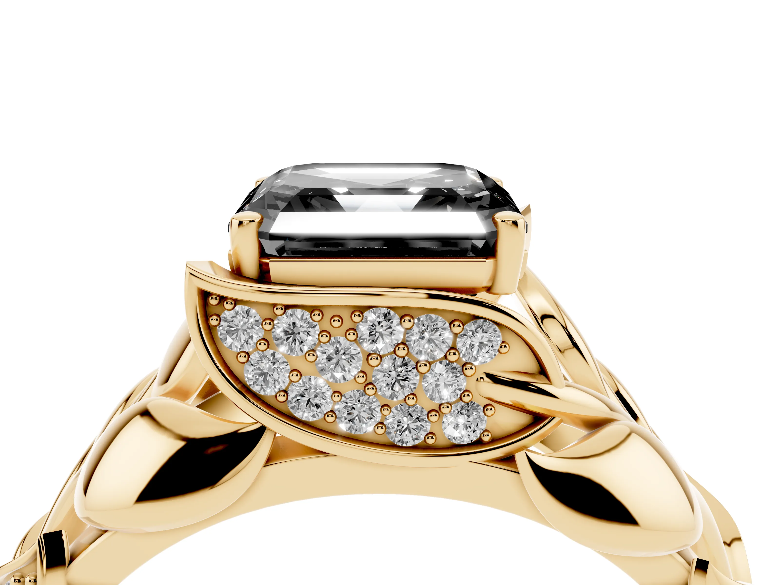 Fancy Black Asscher Cut Diamond Leaf-Inspired Engagement Ring Set in Yellow gold with Round Accents