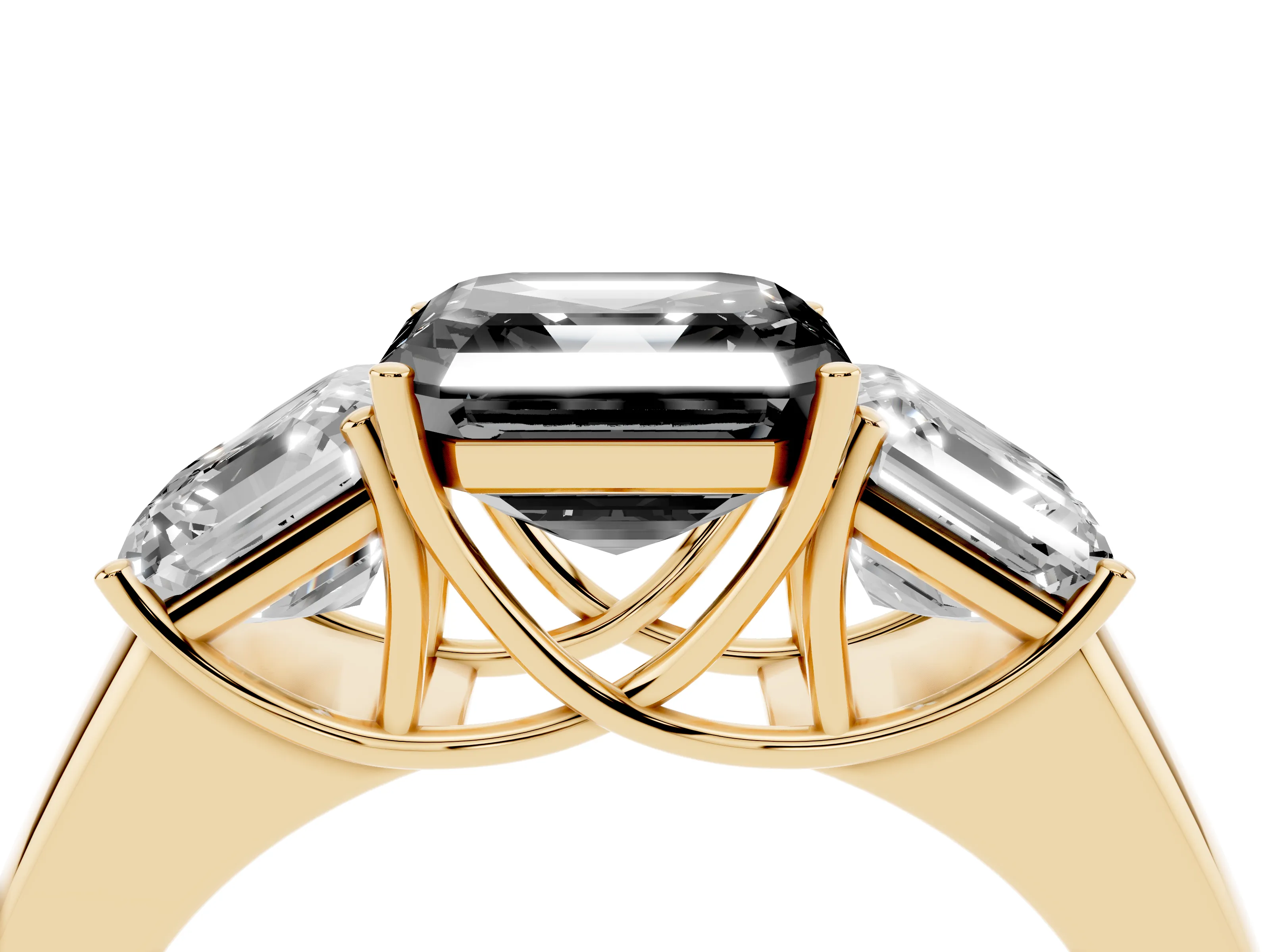 Fancy Black Three-Stone Asscher Cut Diamond Ring Set in Yellow gold with Matching Prong Settings and Plain Band