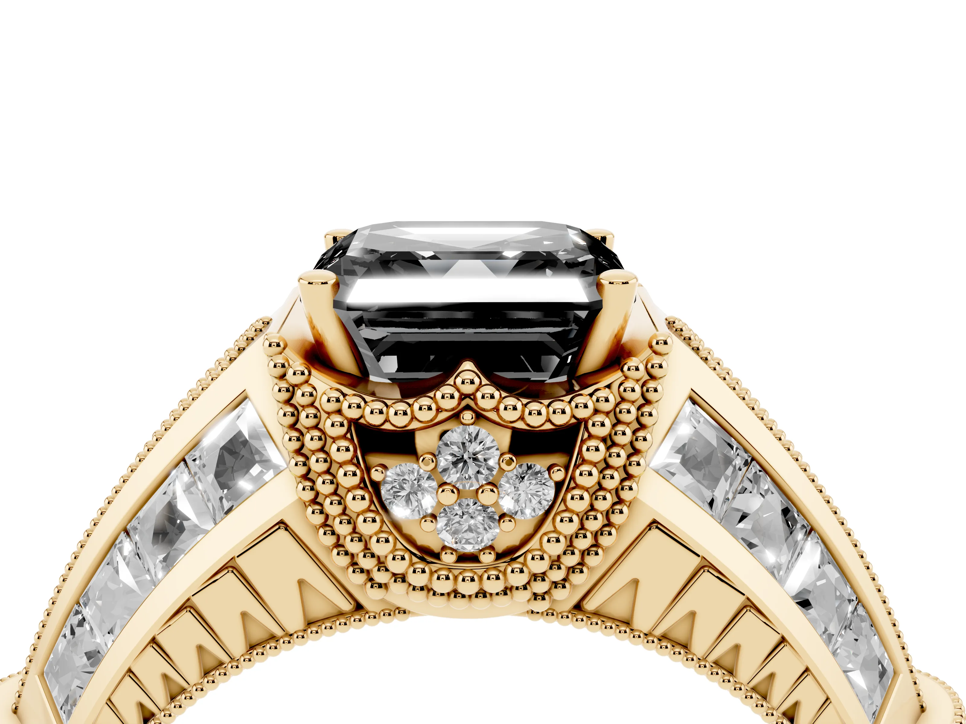 Fancy Black Asscher Cut Diamond Vintage-Inspired Milgrain Ring Set in Yellow gold with Accent Split Shank