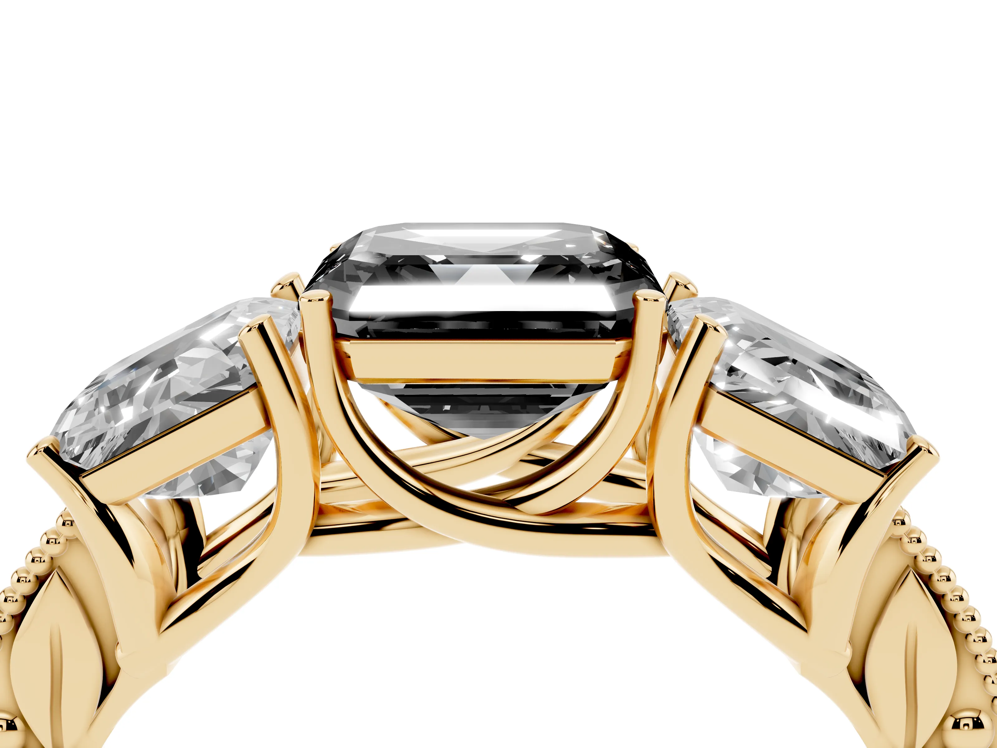 Fancy Black Asscher Cut Diamond Three-Stone Engagement Ring Set in Yellow gold with Milgrain Pavé Band