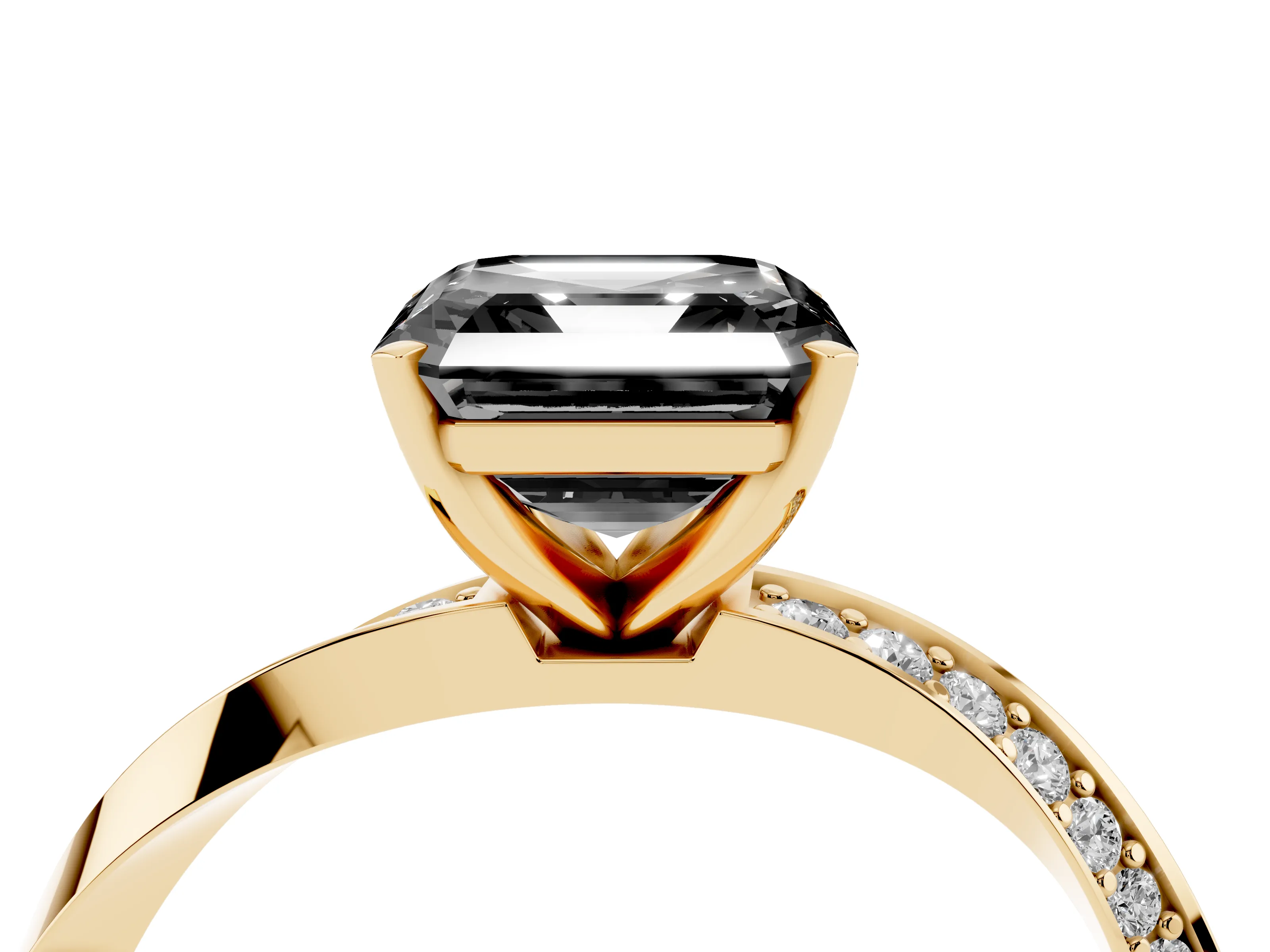 Fancy Black Asscher Cut Diamond Engagement Ring Set in Yellow gold with Side Stone Accents and Prong Setting