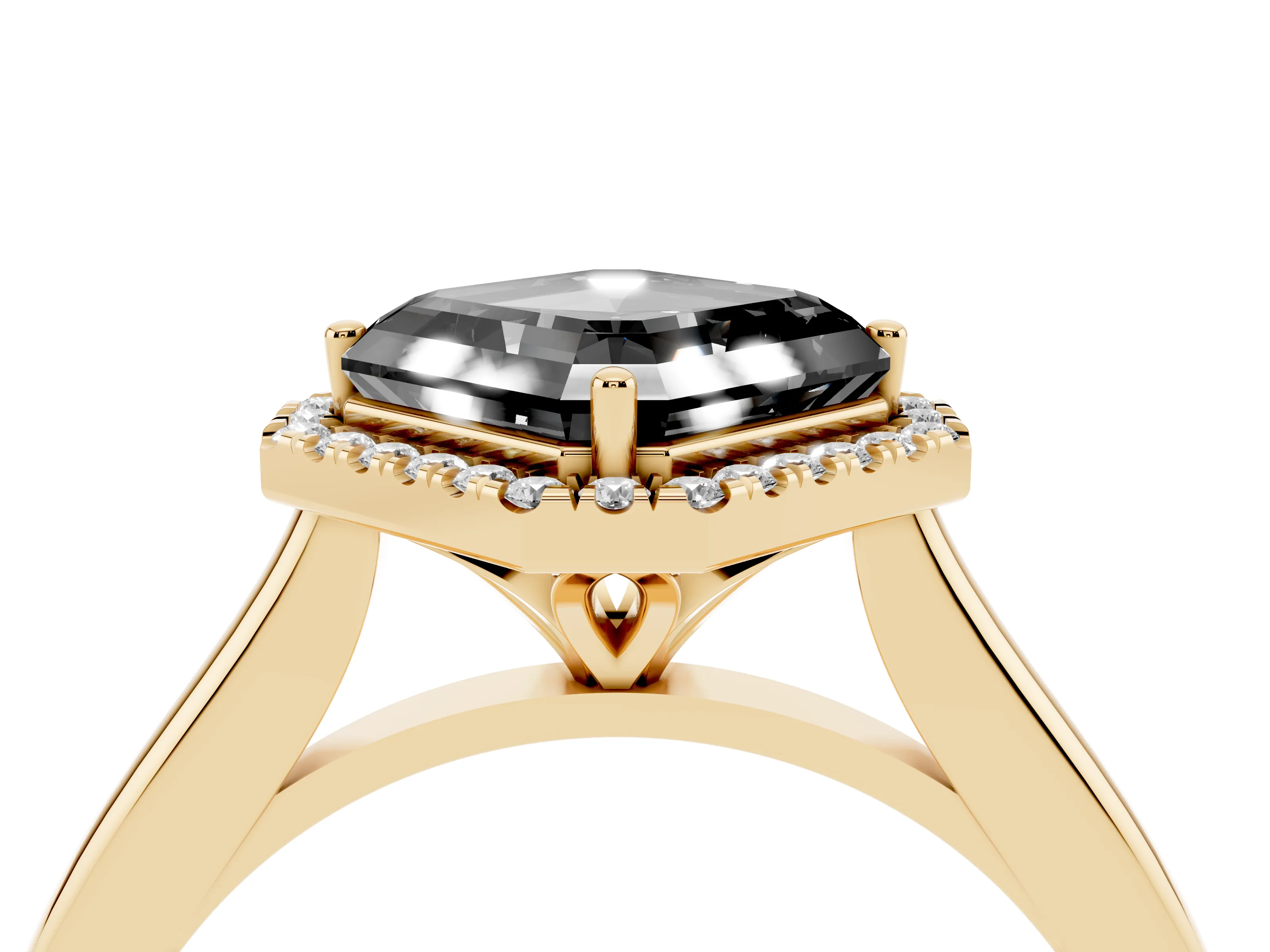 Fancy Black Asscher Cut Diamond Halo Engagement Ring Set in Yellow gold with Pavé Band and Rising Shoulders