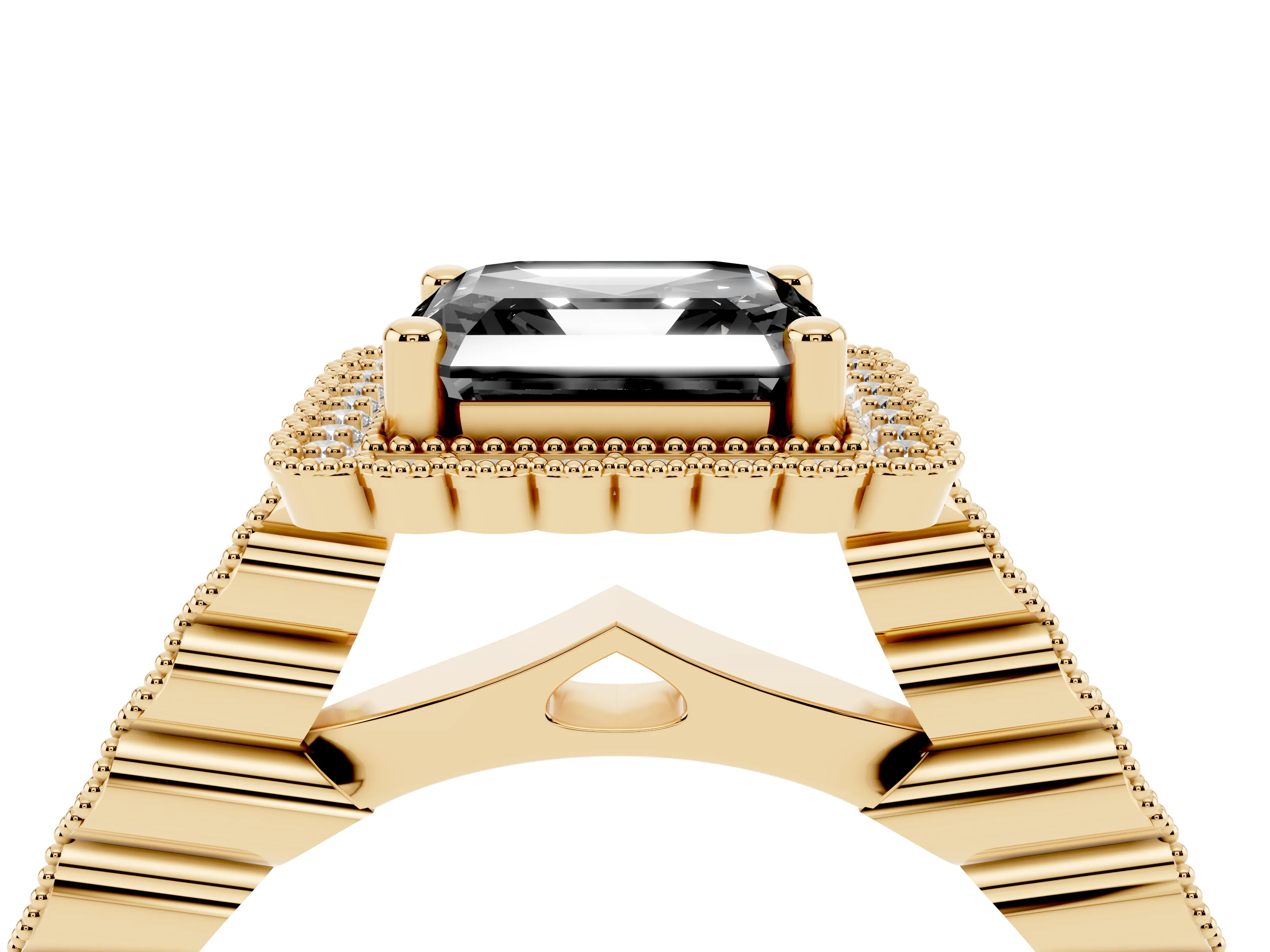 Fancy Black Asscher Cut Diamond Halo Ring Set in Yellow gold with Pavé Milgrain Band
