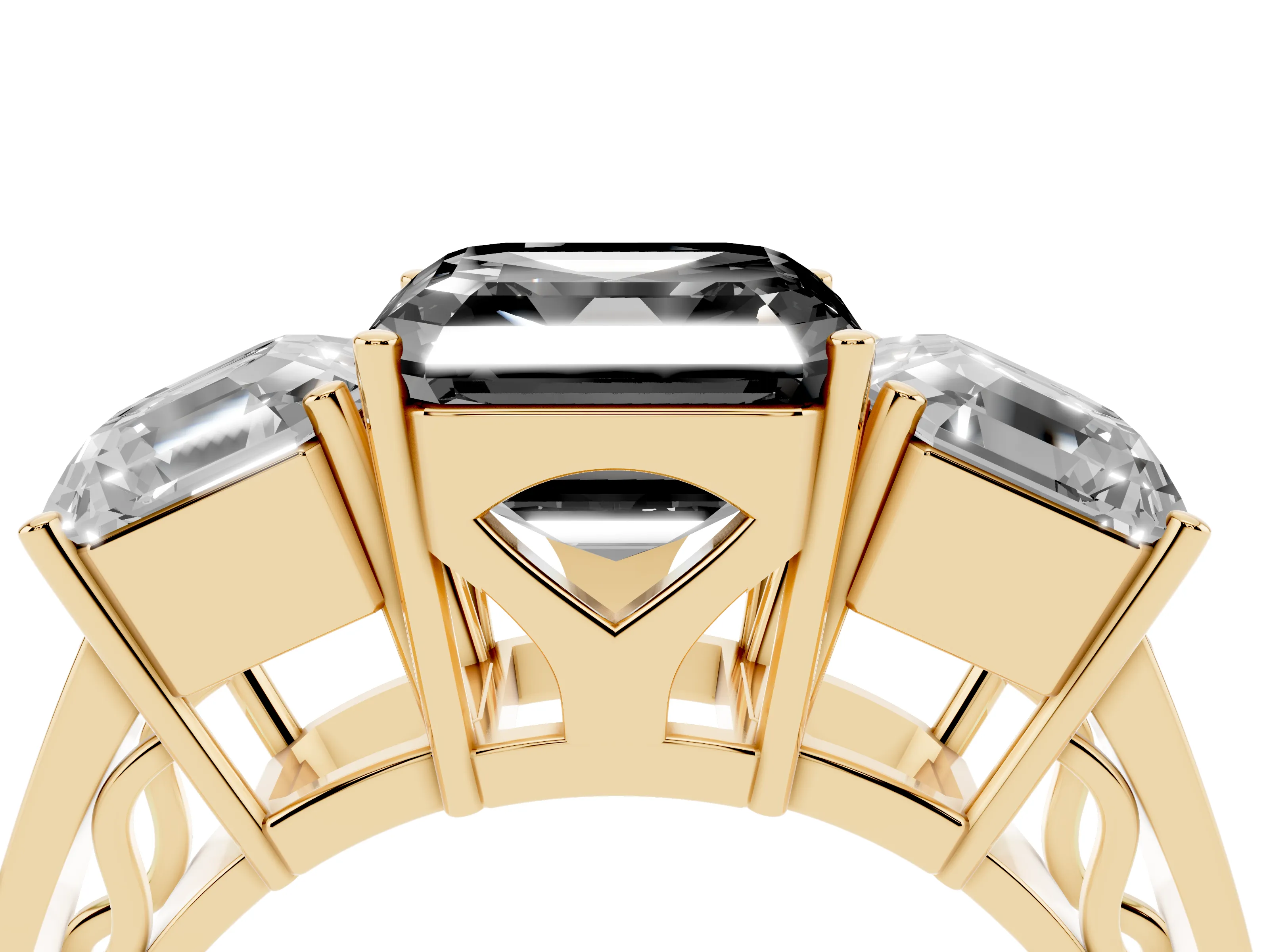 Fancy Black Asscher Cut Diamond Three-Stone Ring Set in Yellow gold with Textured Band