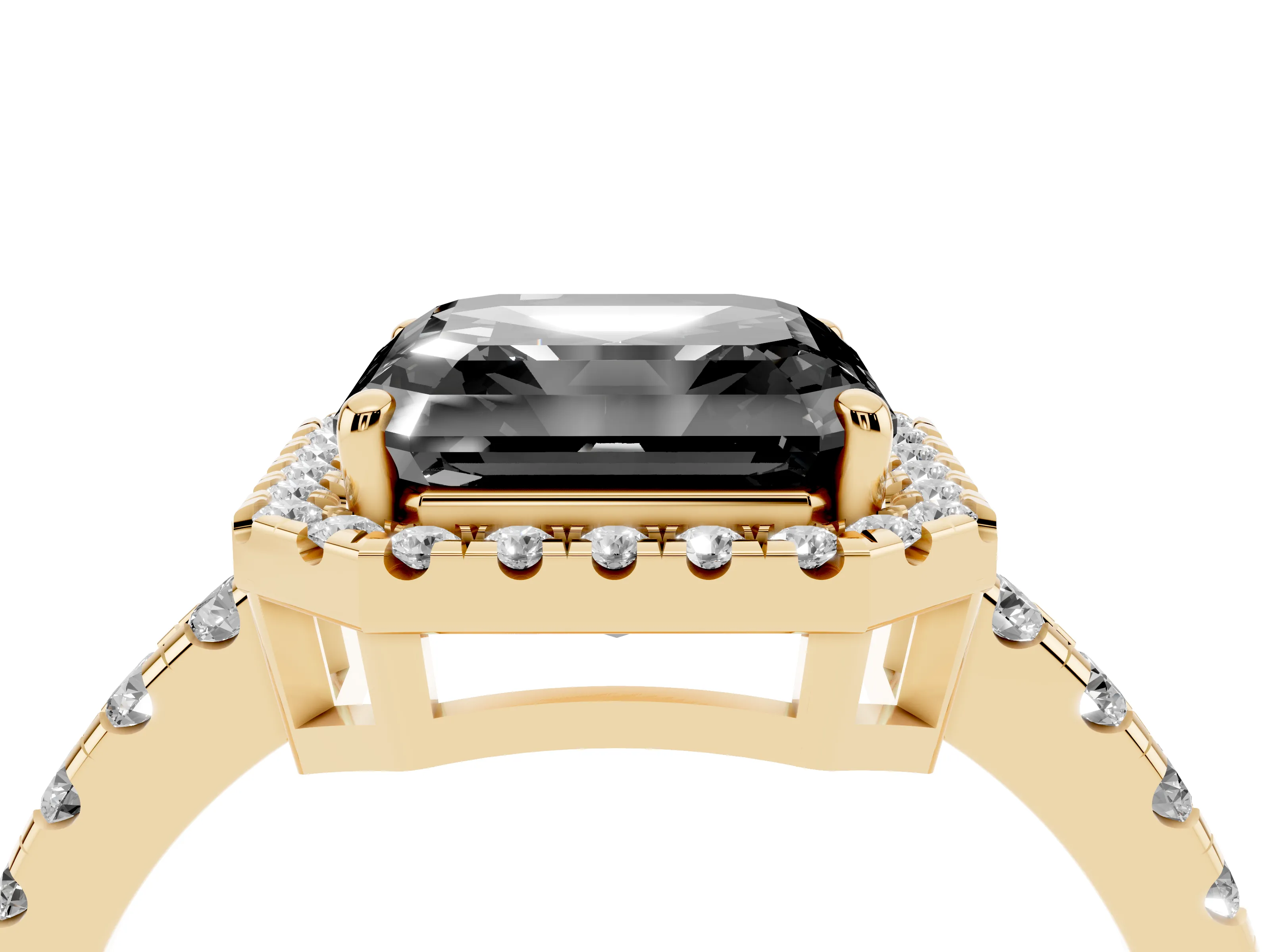 Fancy Black Asscher Cut Diamond Halo Ring Set in Yellow gold with Delicate Pavé Band and Prong Setting