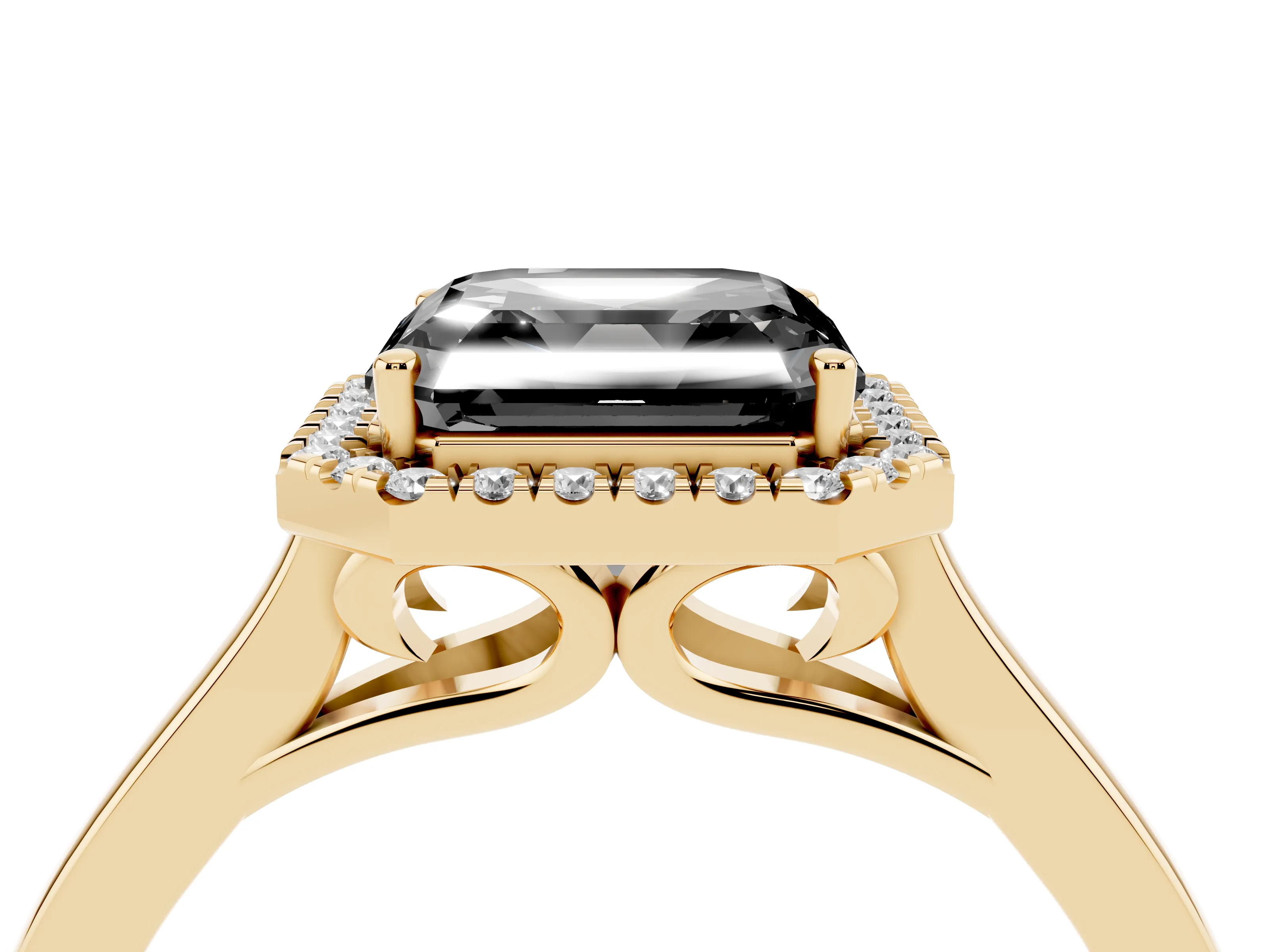Fancy Black Asscher Cut Halo Round Diamond Solitaire Ring Set in Yellow gold with Pavé Band and Prong Setting