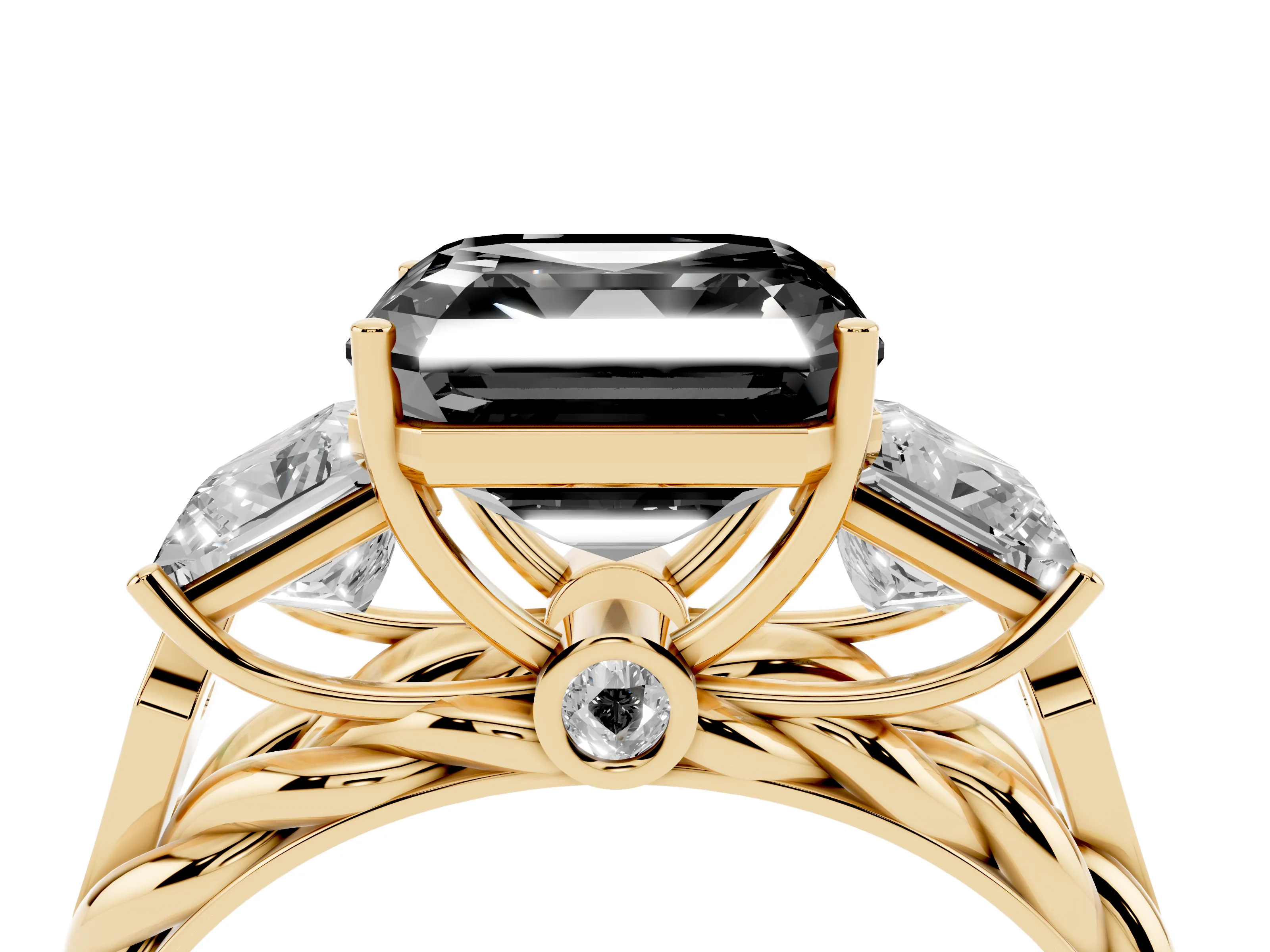 Fancy Black Asscher Cut Diamond Three-Stone Ring Set in Yellow gold with Braided Band