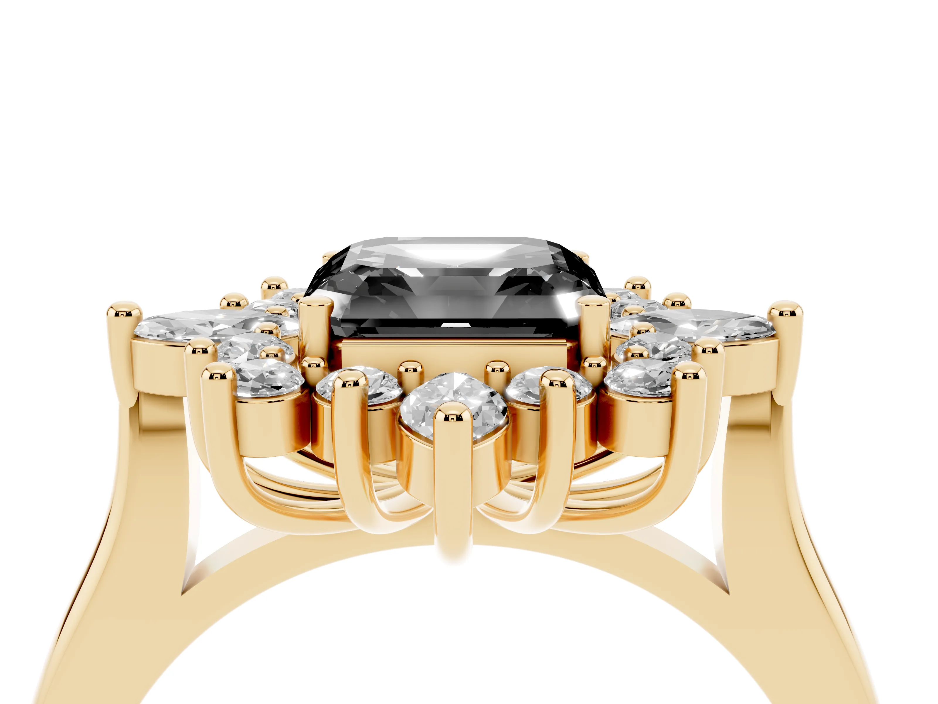 Fancy Black Asscher Cut Diamond Cluster Halo Ring Set in Yellow gold with Marquise and Round Accents