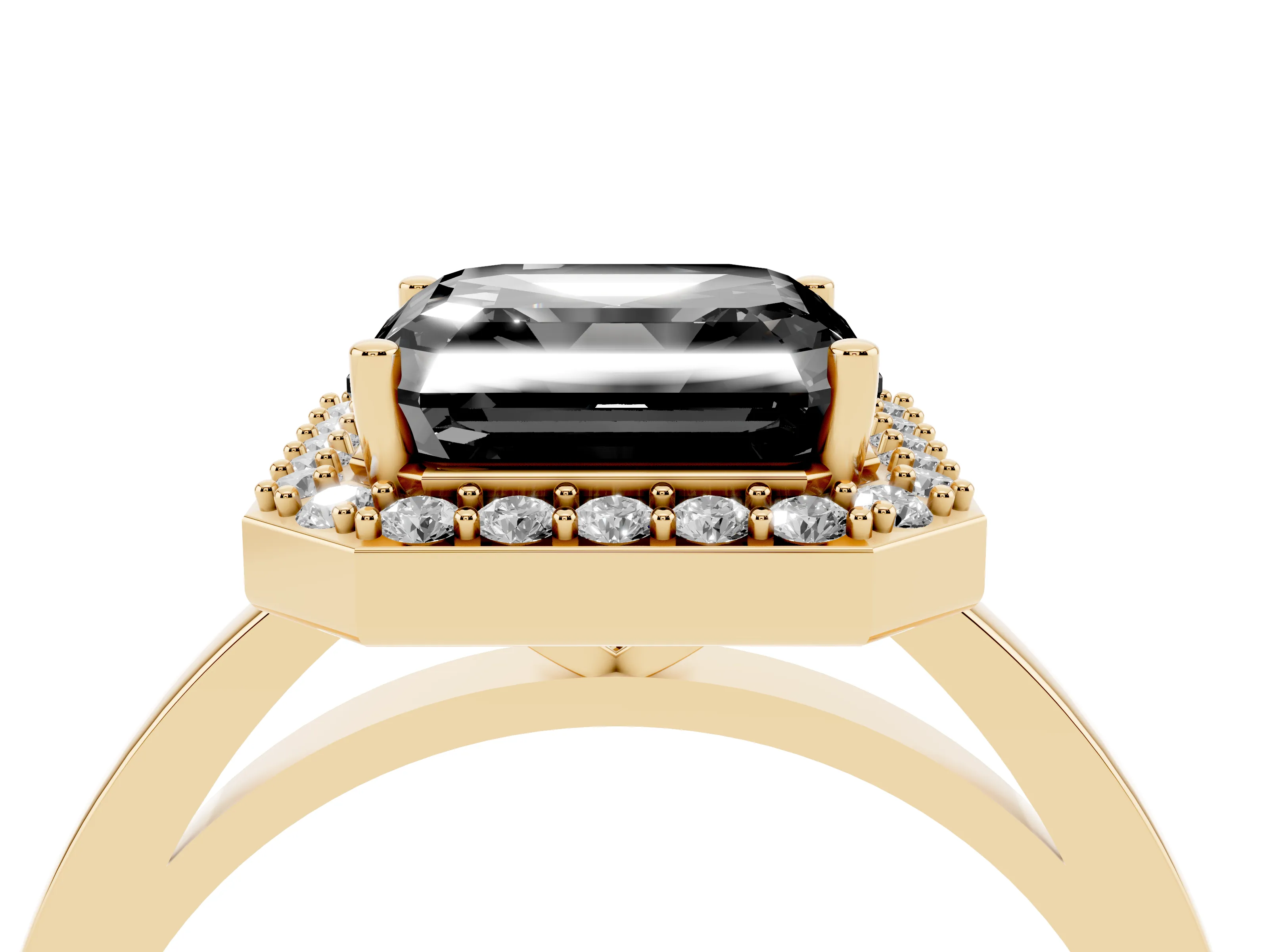 Fancy Black Asscher Cut Diamond Halo Ring Set in Yellow gold with Solitaire Band and Prong Setting