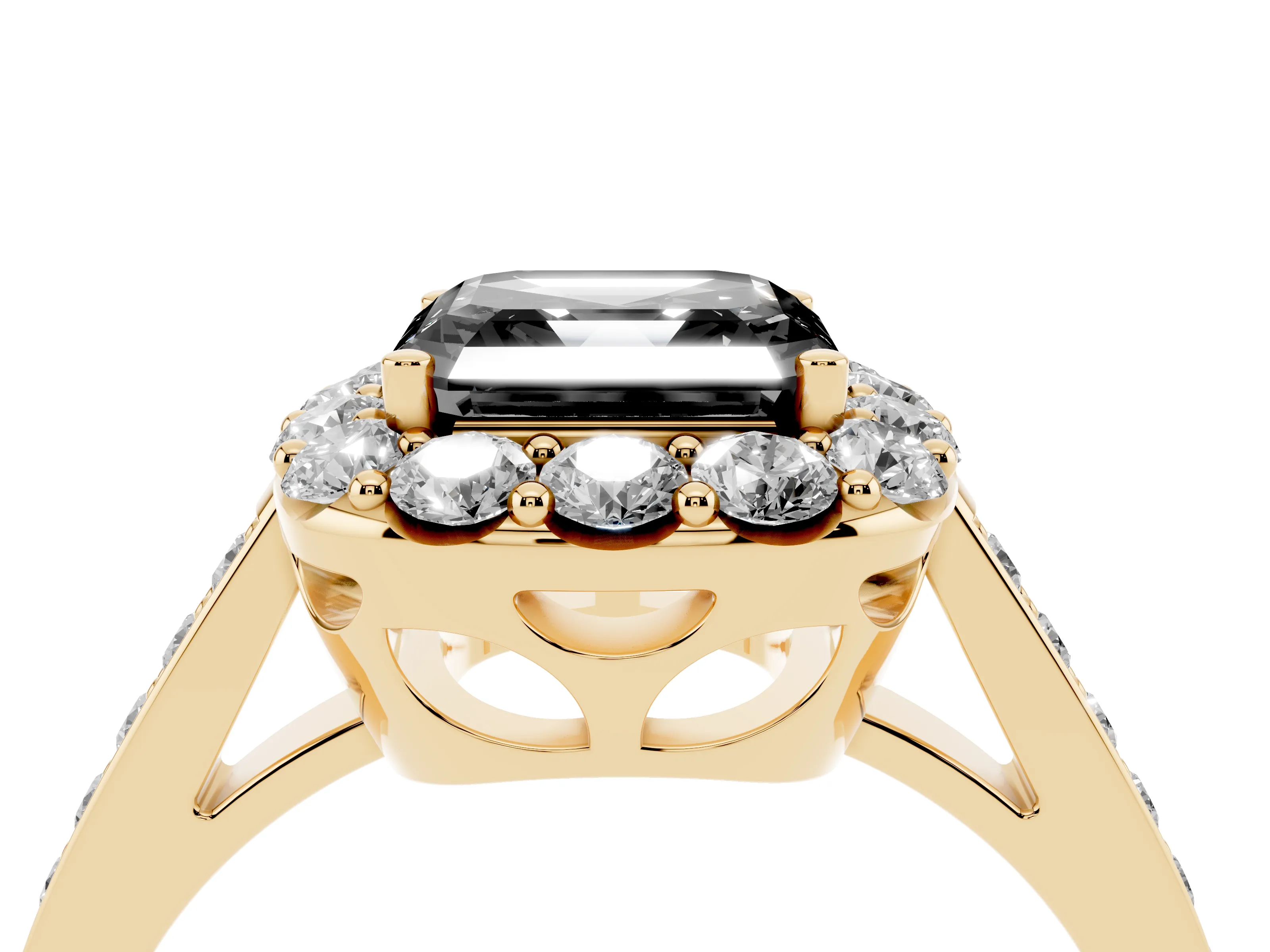 Fancy Black Asscher Cut Diamond Floral Halo Ring Set in Yellow gold with Pavé Band and Prong Setting