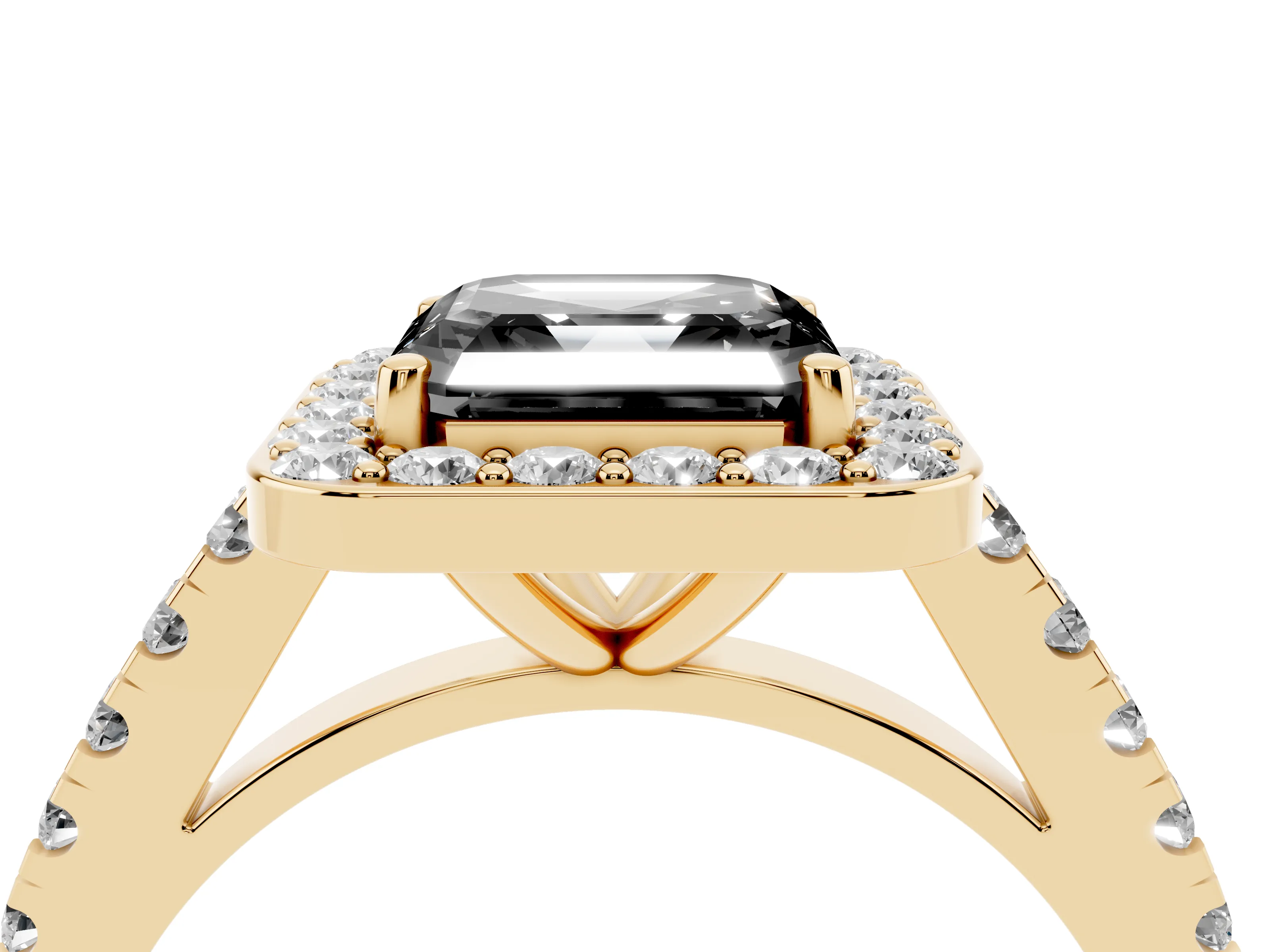 Fancy Black Asscher Cut Diamond Halo Ring Set in Yellow gold with Round Pavé Split Shank and Prong Setting