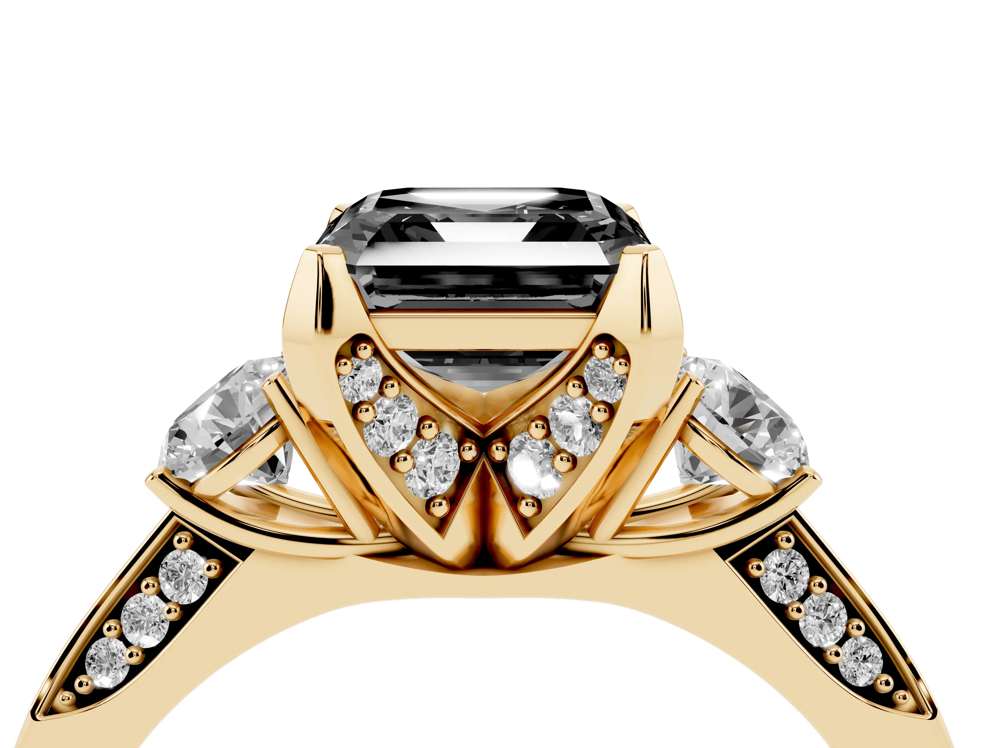Fancy Black Asscher Cut Diamond Three-Stone Ring Set in Yellow gold with Pavé Band and Smaller Side Stones