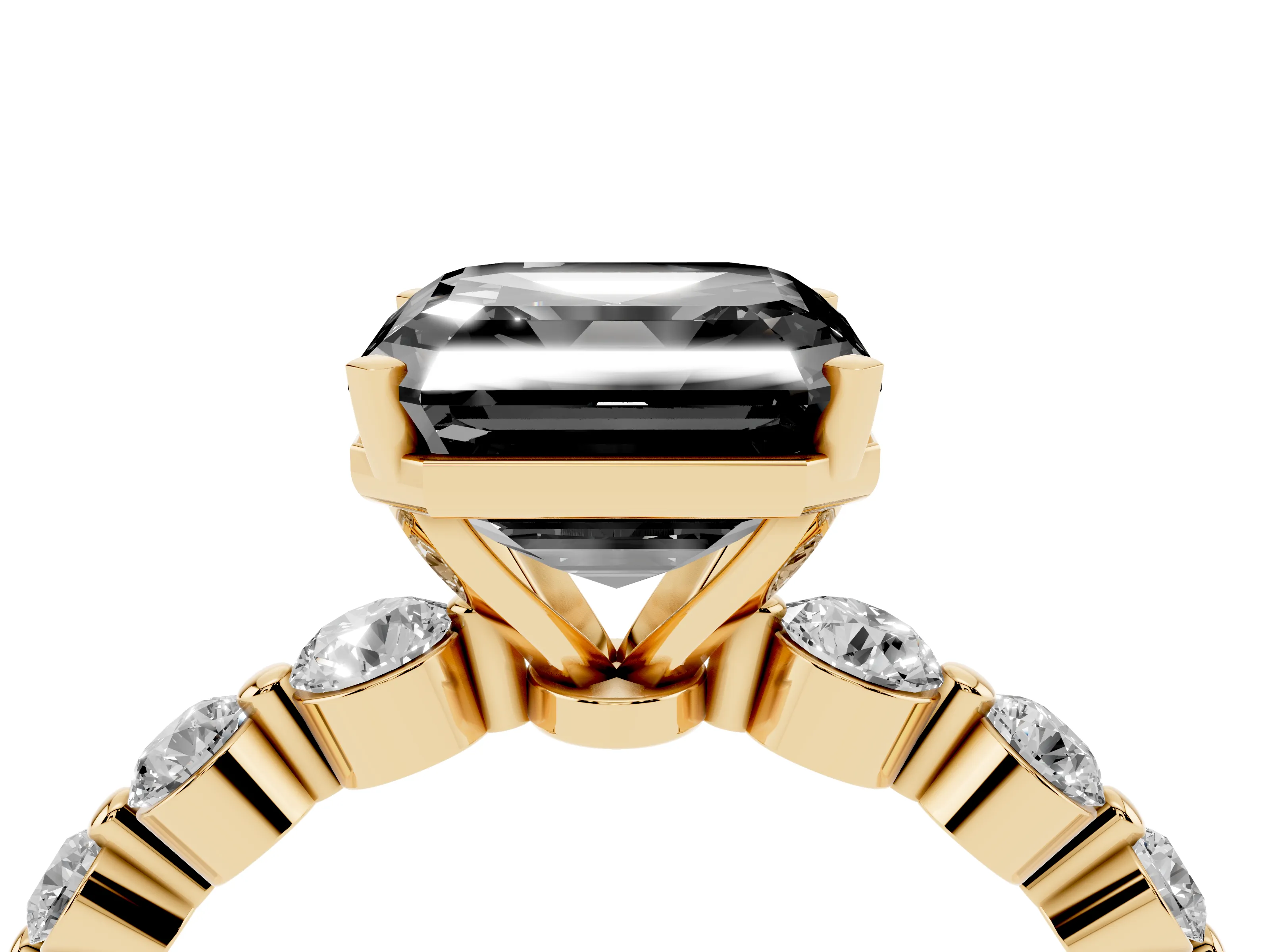 Fancy Black Asscher Cut Diamond Solitaire Ring Set in Yellow gold with Pavé Band and Prong Setting