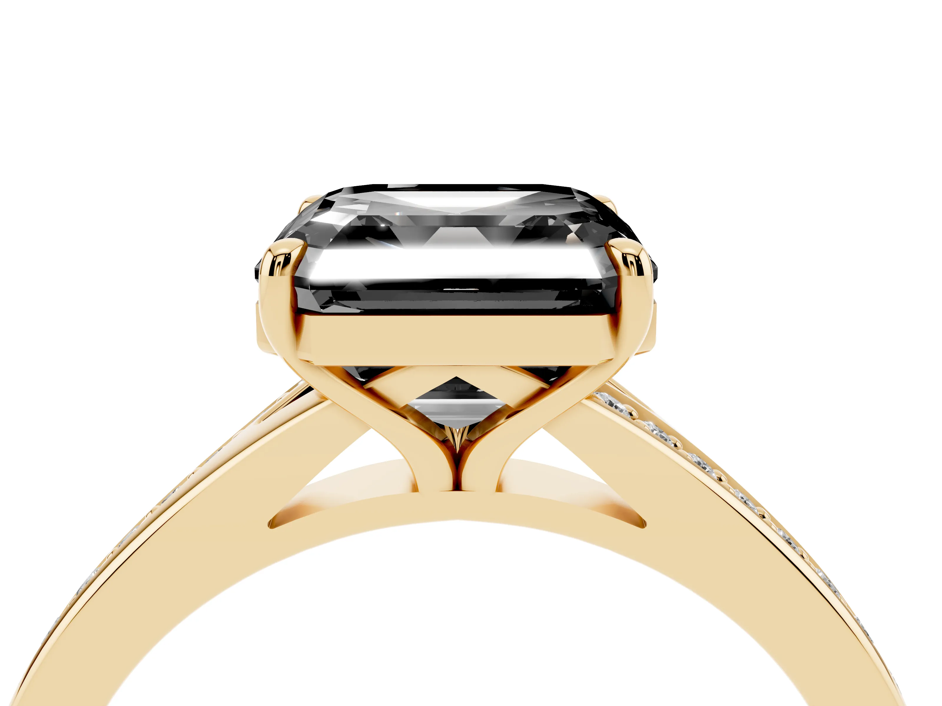 Fancy Black Asscher Cut Diamond Solitaire Ring Set in Yellow gold with Pavé Accent Band and Classic Prong Setting