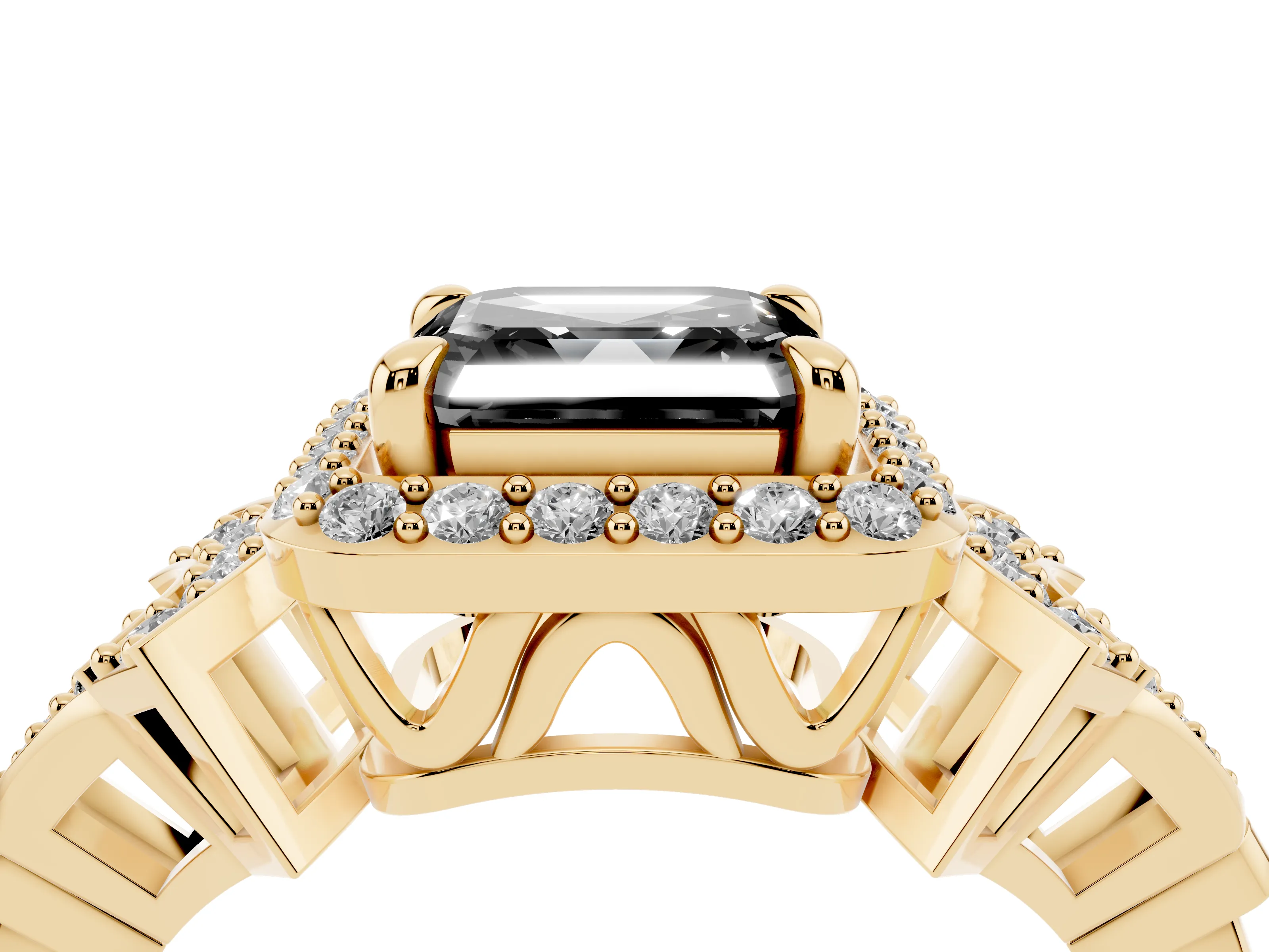 Fancy Black Asscher Cut Diamond Halo Engagement Ring Set in Yellow gold with Accent Stone Split Shank