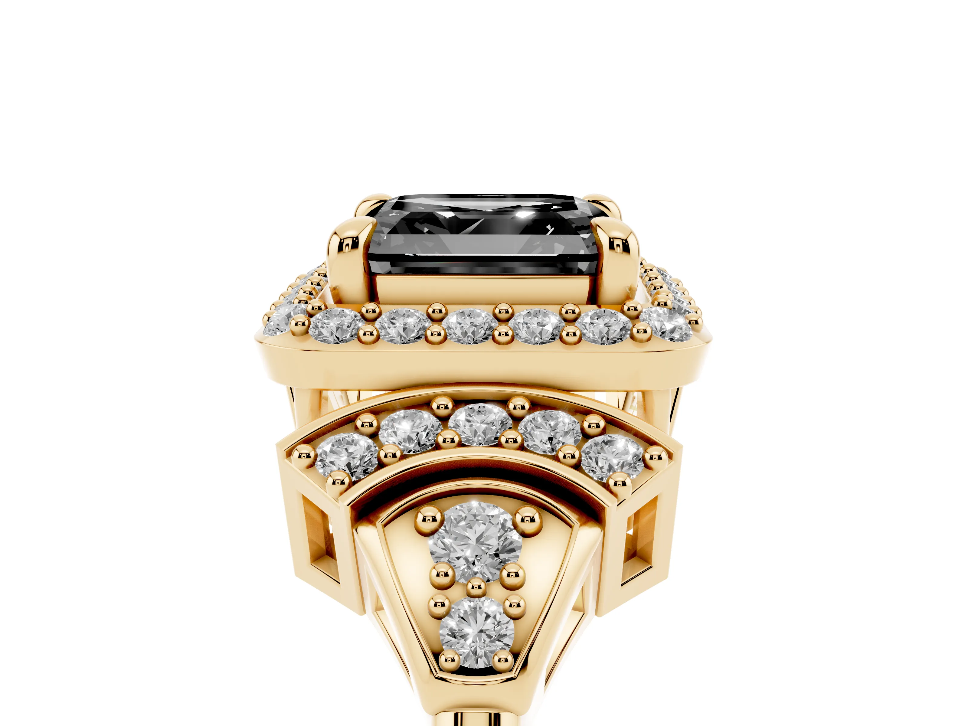 Fancy Black Asscher Cut Diamond Halo Engagement Ring Set in Yellow gold with Accent Stone Split Shank