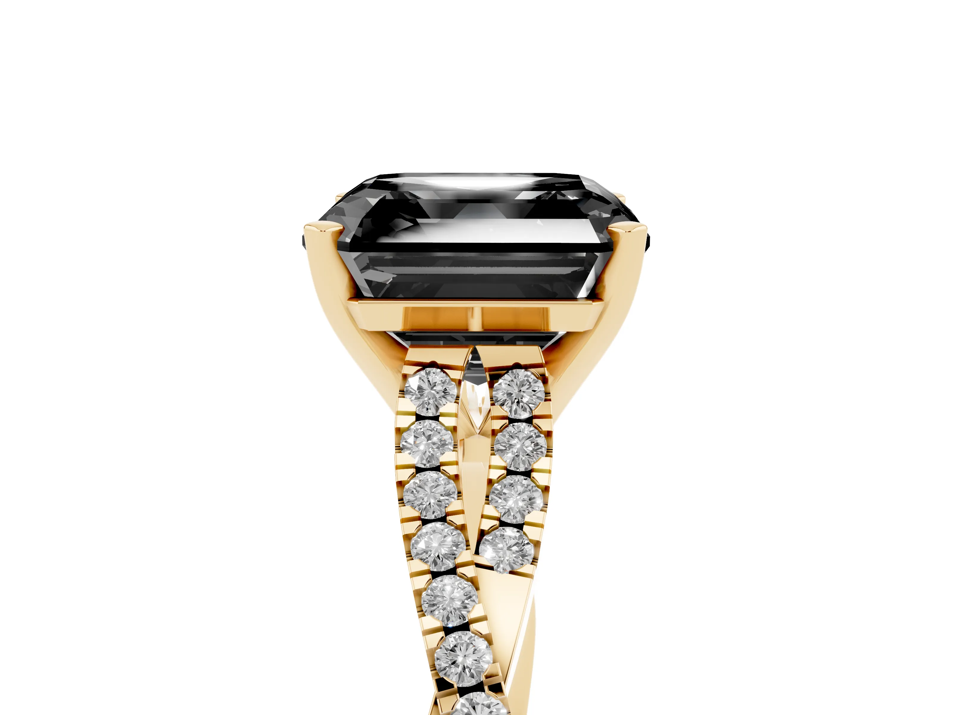 Fancy Black Asscher Cut Diamond Solitaire Engagement Ring Set in Yellow gold with Twisted Pavé Band and Prong Setting