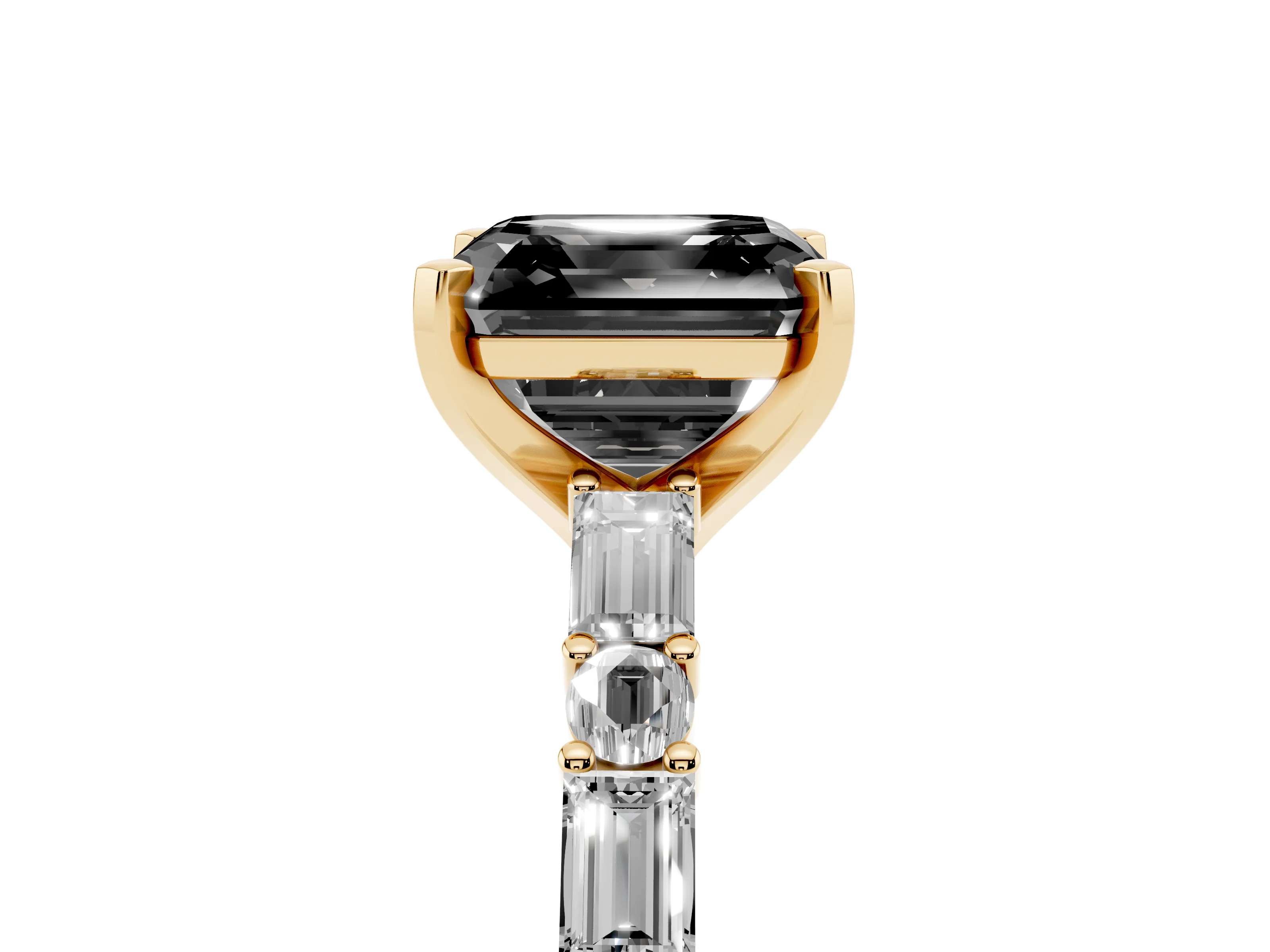 Fancy Black Asscher Cut Diamond Solitaire Set in Yellow gold with Side Baguettes and Channel Set Band