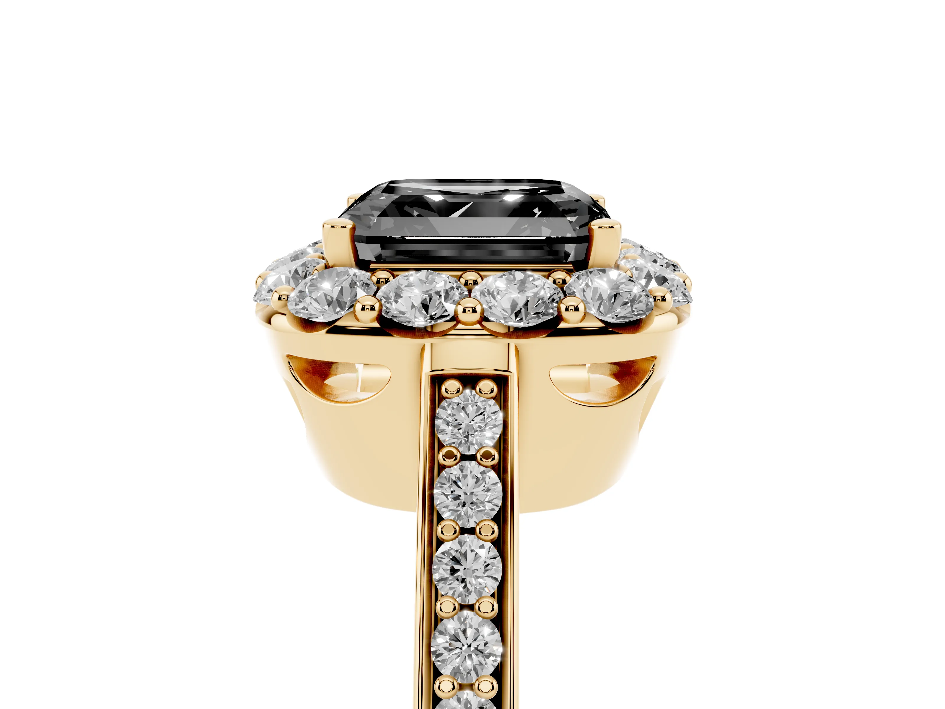 Fancy Black Asscher Cut Diamond Floral Halo Ring Set in Yellow gold with Pavé Band and Prong Setting