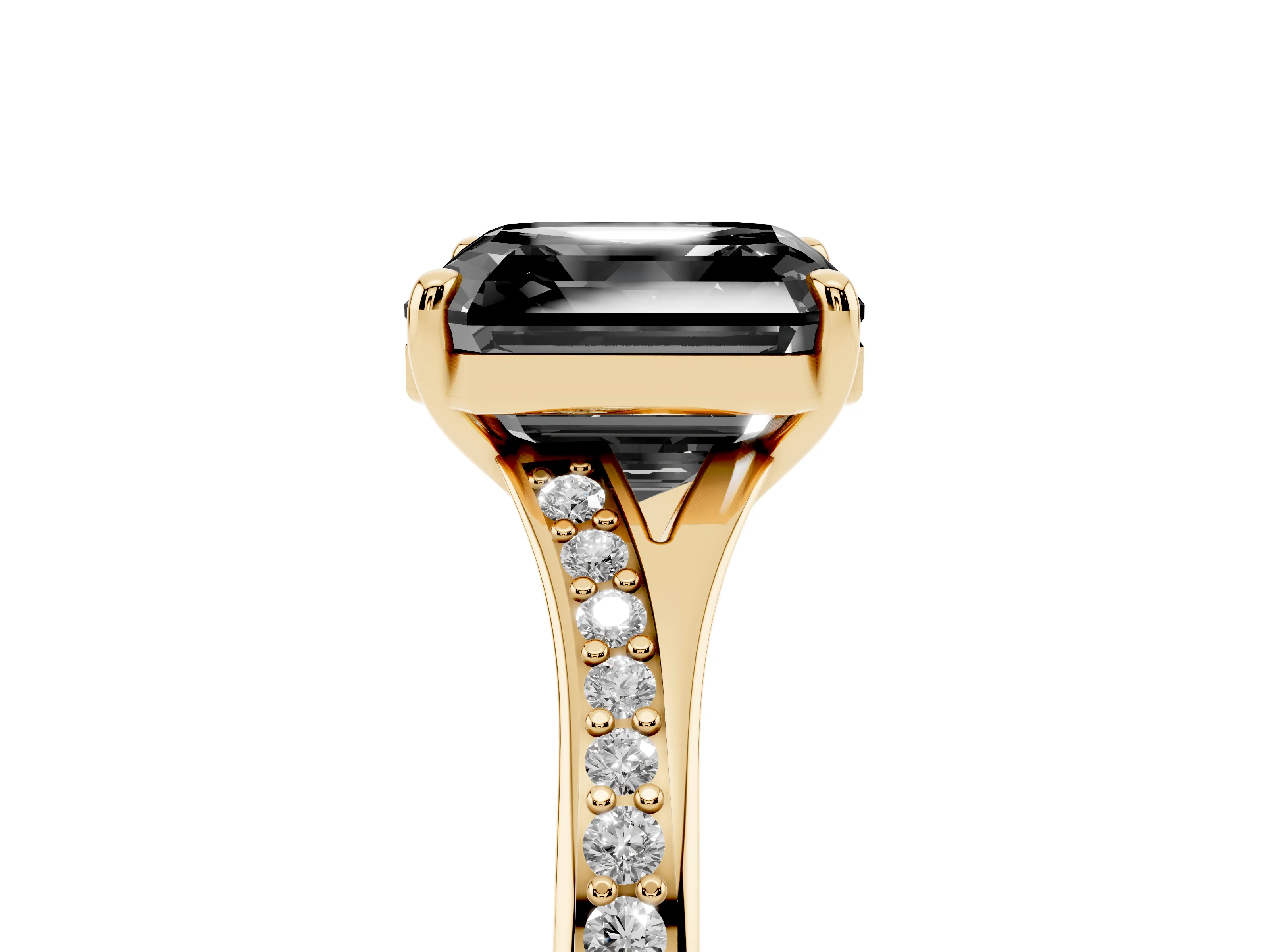 Fancy Black Asscher Cut Diamond Solitaire Ring Set in Yellow gold with Pavé Accent Band and Classic Prong Setting