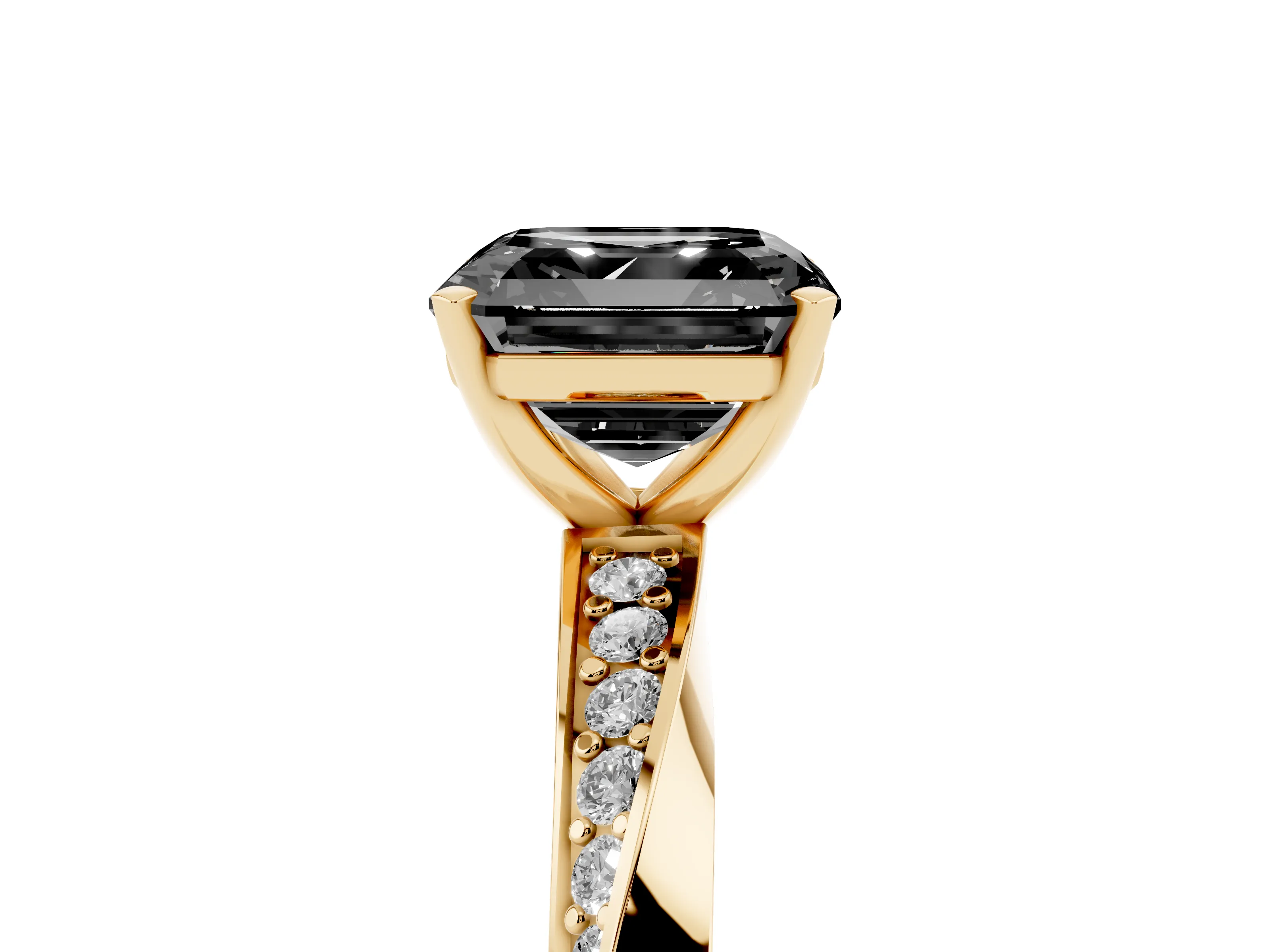 Fancy Black Asscher Cut Diamond Engagement Ring Set in Yellow gold with Side Stone Accents and Prong Setting