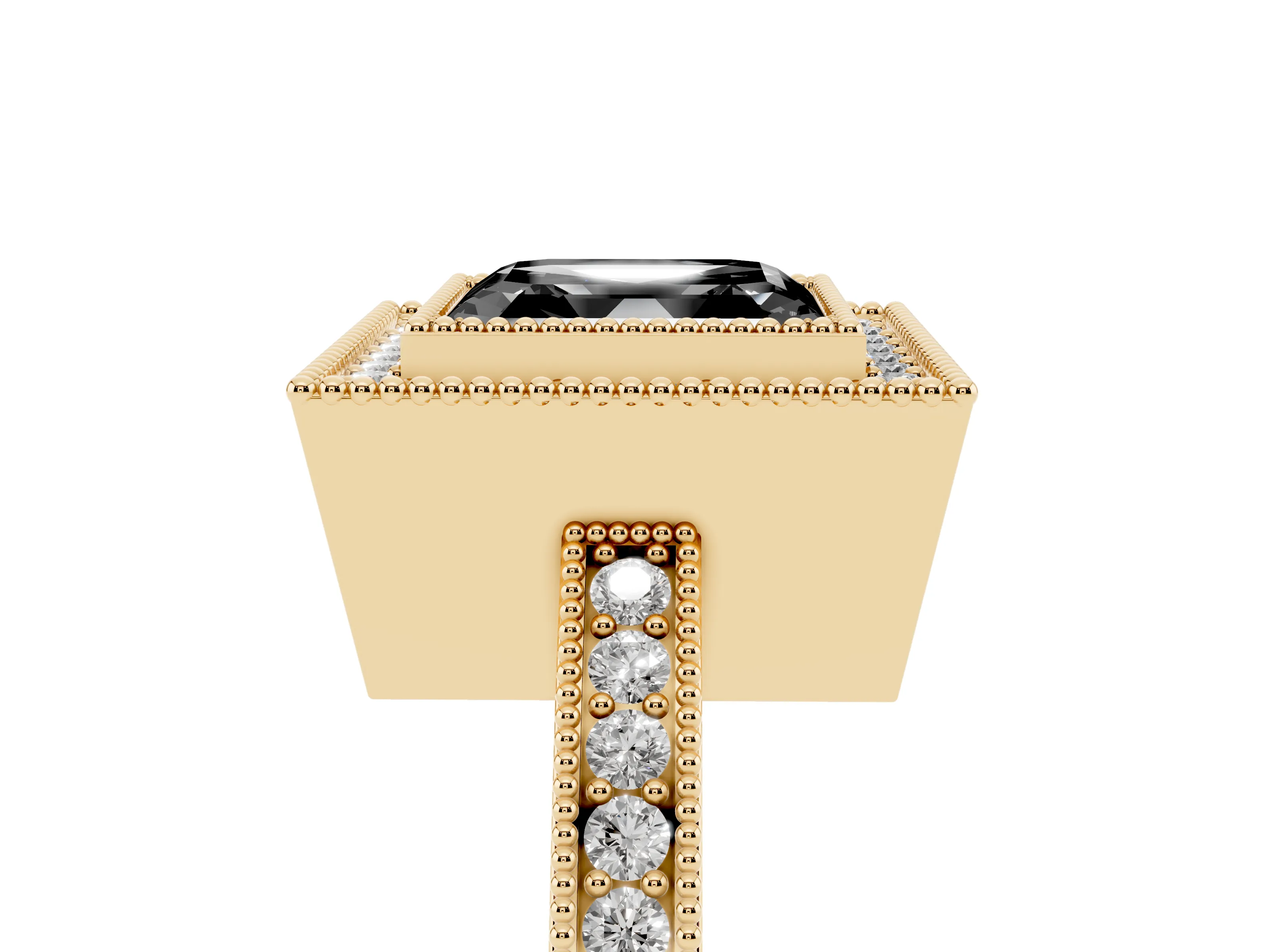Fancy Black Asscher Cut Diamond Round Halo Ring Set in Yellow gold with Pavé Band