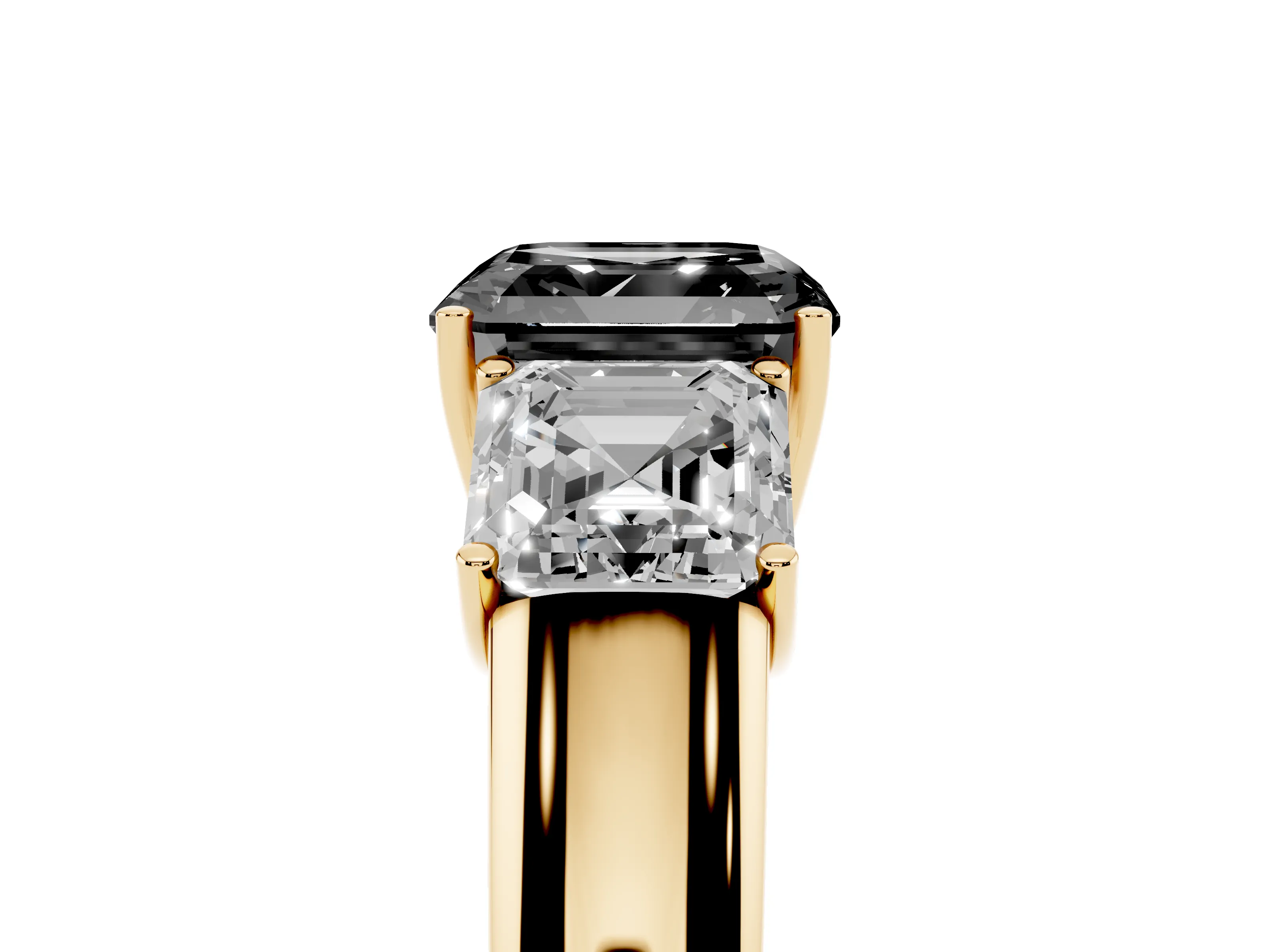 Fancy Black Three-Stone Asscher Cut Diamond Ring Set in Yellow gold with Matching Prong Settings and Plain Band
