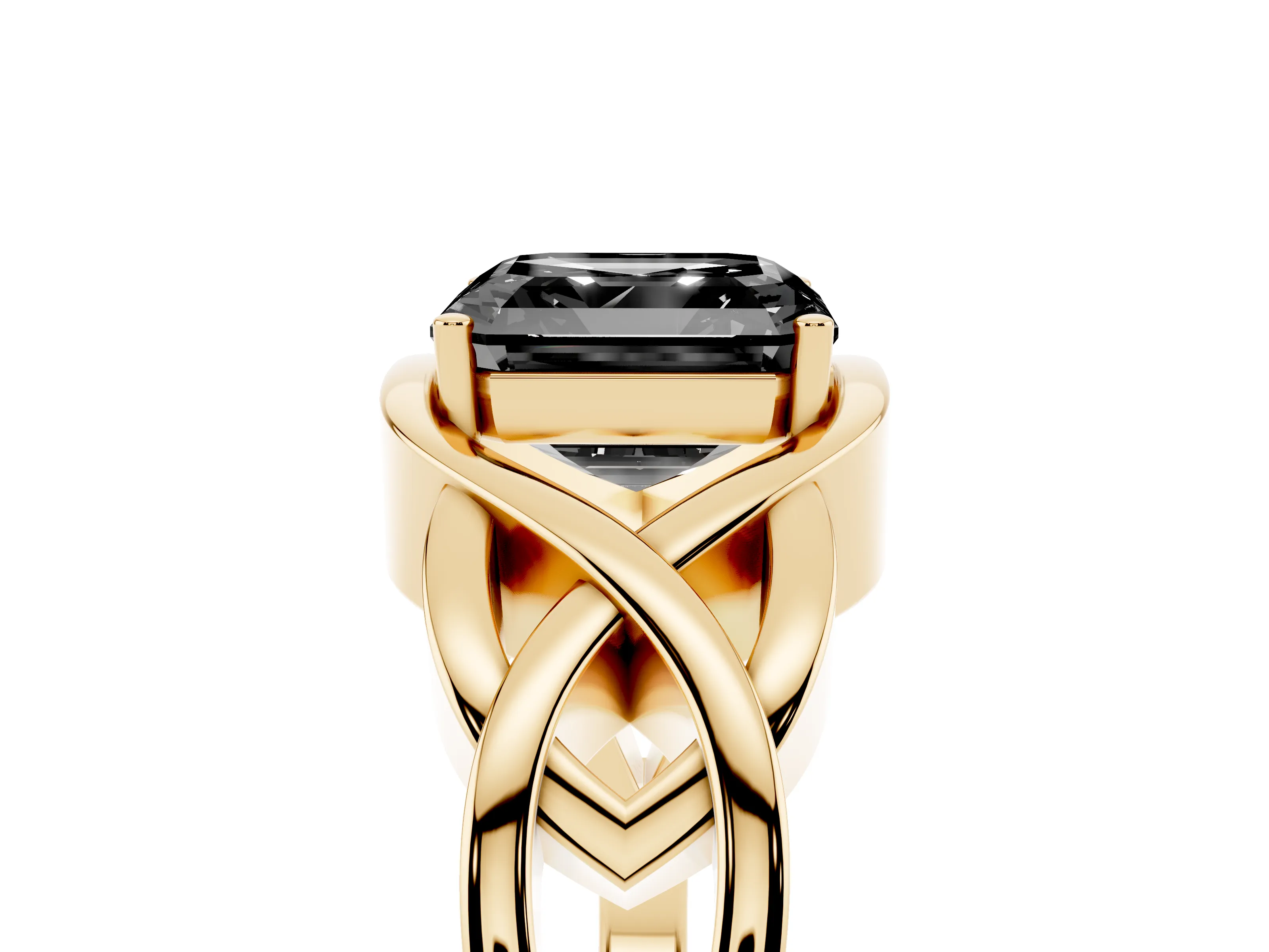 Fancy Black Asscher Cut Diamond Solitaire Ring Set in Yellow gold with Intertwined Band