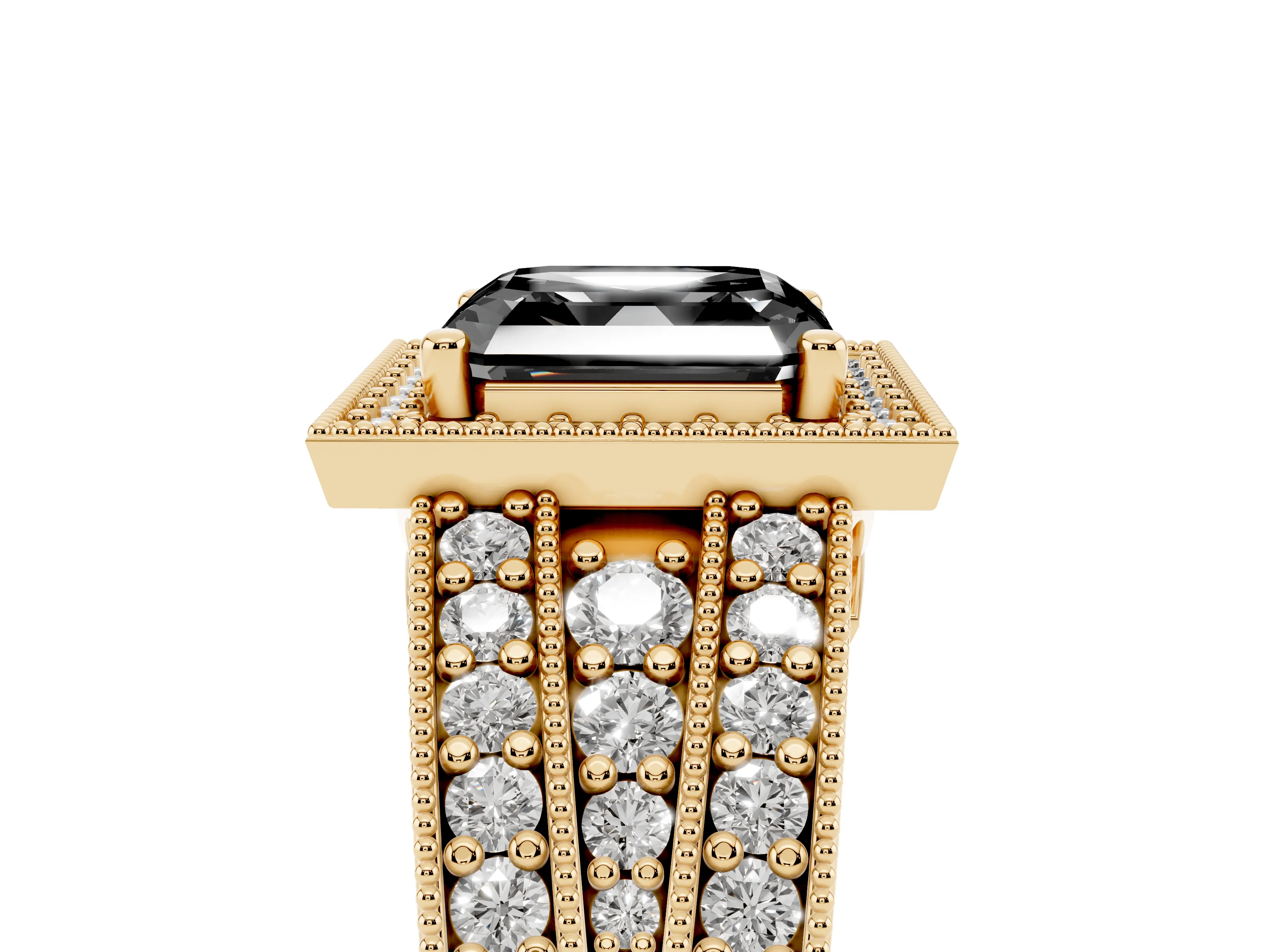 Fancy Black Asscher Cut Diamond Halo Ring Set in Yellow gold with Accent Split Shank and Prong Setting