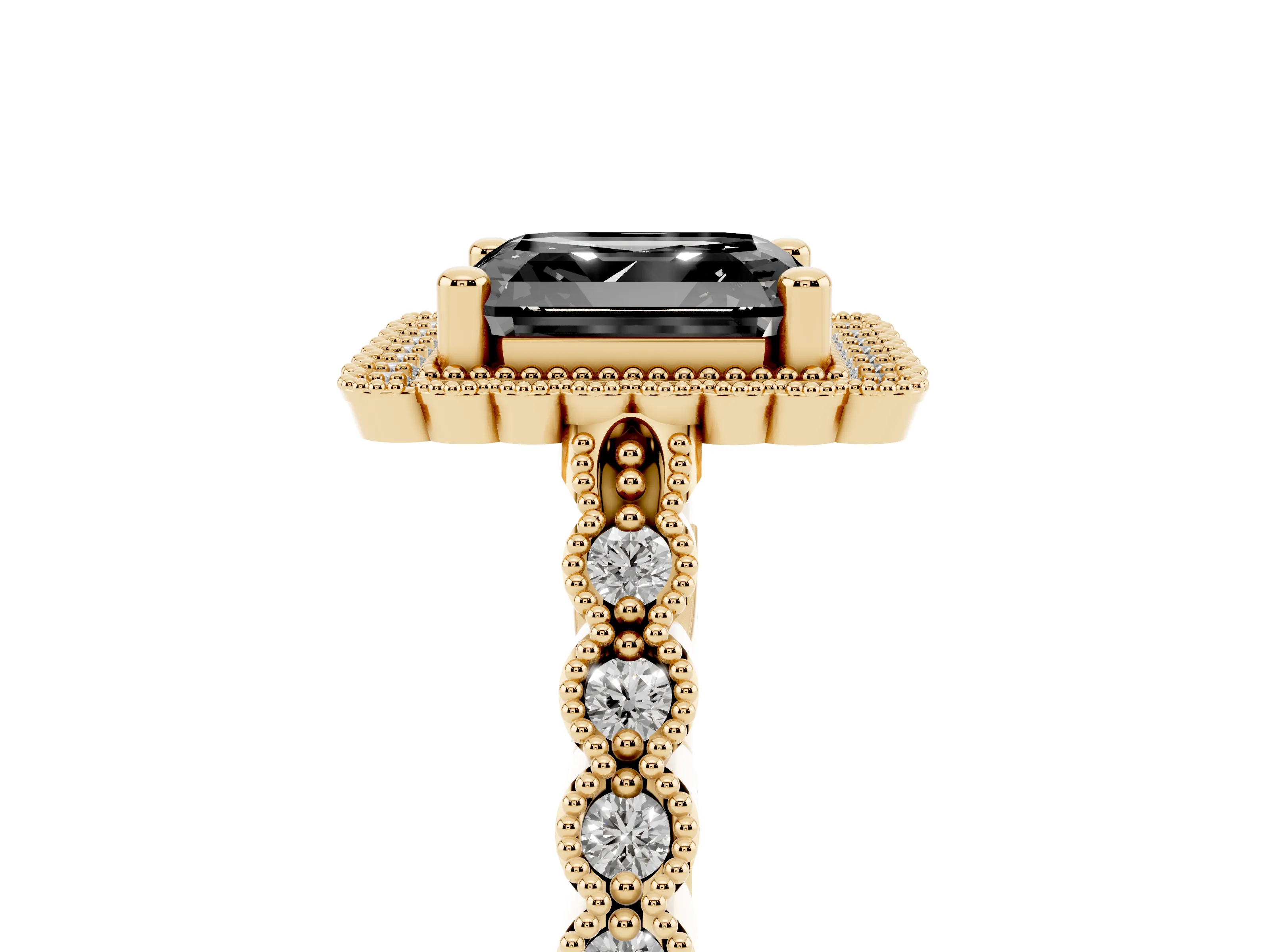 Fancy Black Asscher Cut Diamond Halo Ring Set in Yellow gold with Pavé Milgrain Band