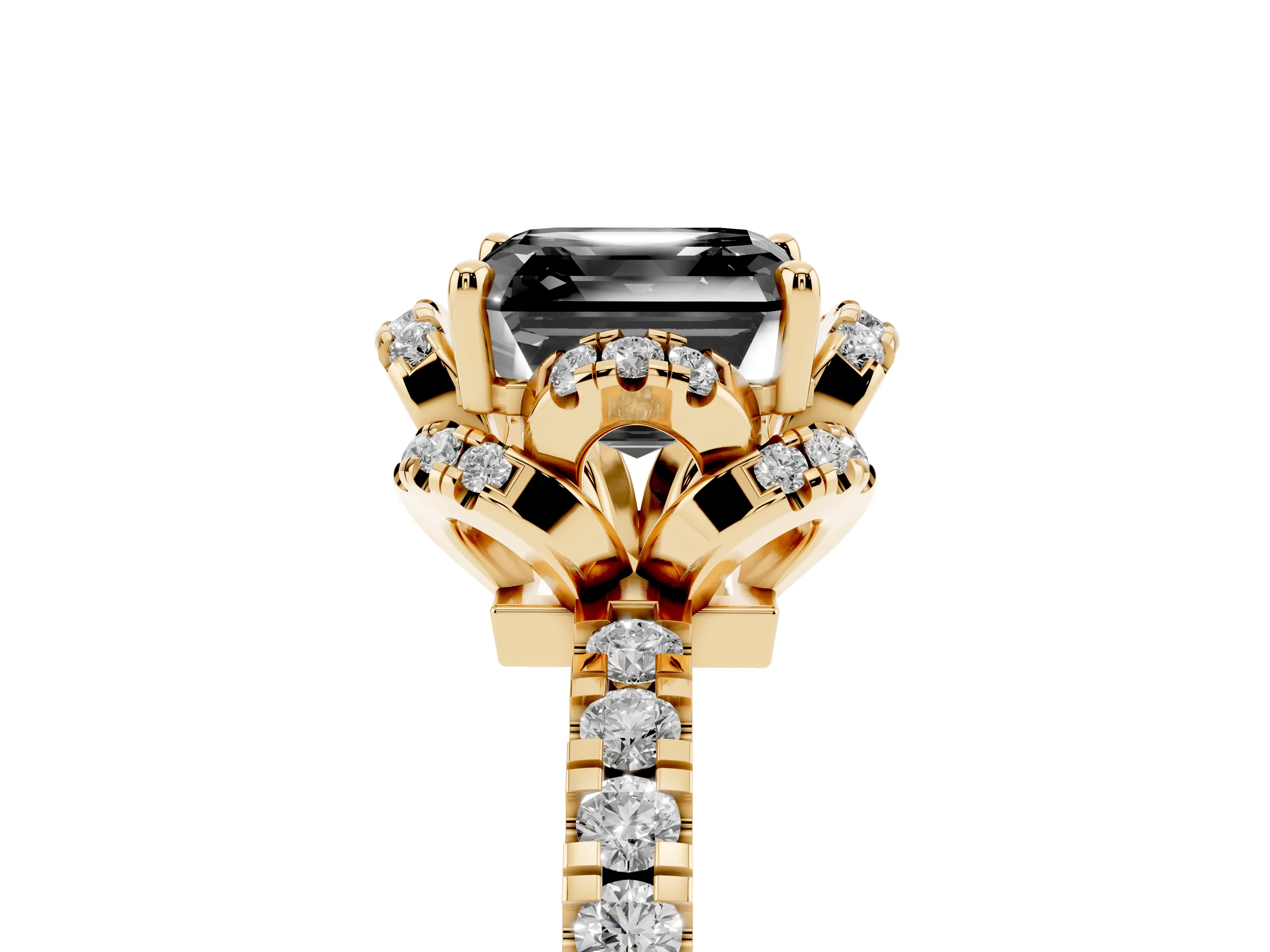 Fancy Black Asscher Cut Diamond Halo Pavé Ring Set in Yellow gold with Prong-Held Center Stone