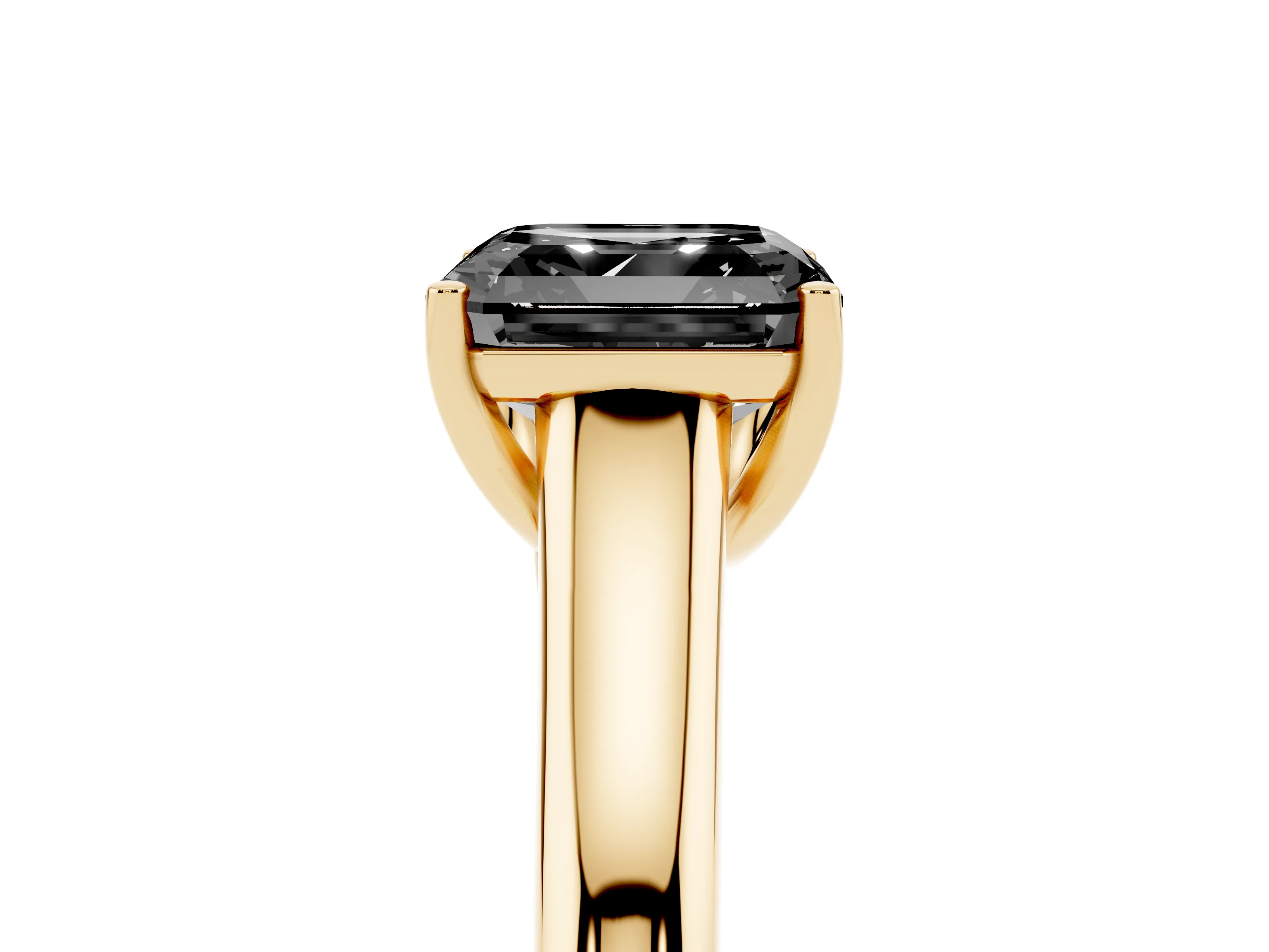 Fancy Black Asscher Cut Diamond Solitaire Engagement Ring Set in Yellow gold with Subtly Tapered Band and Prong Setting