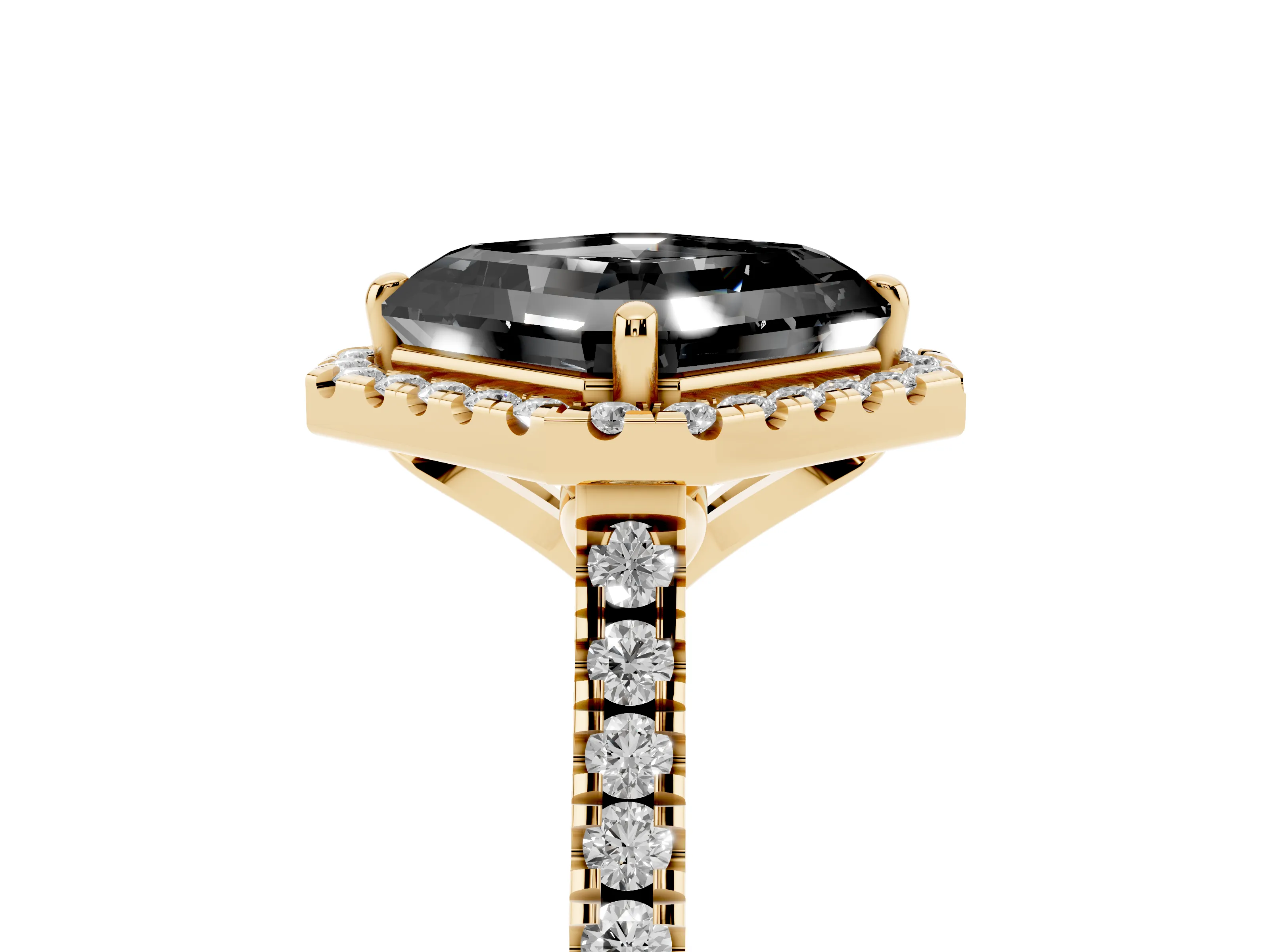 Fancy Black Asscher Cut Diamond Cushion Halo Ring Set in Yellow gold with Pavé Band
