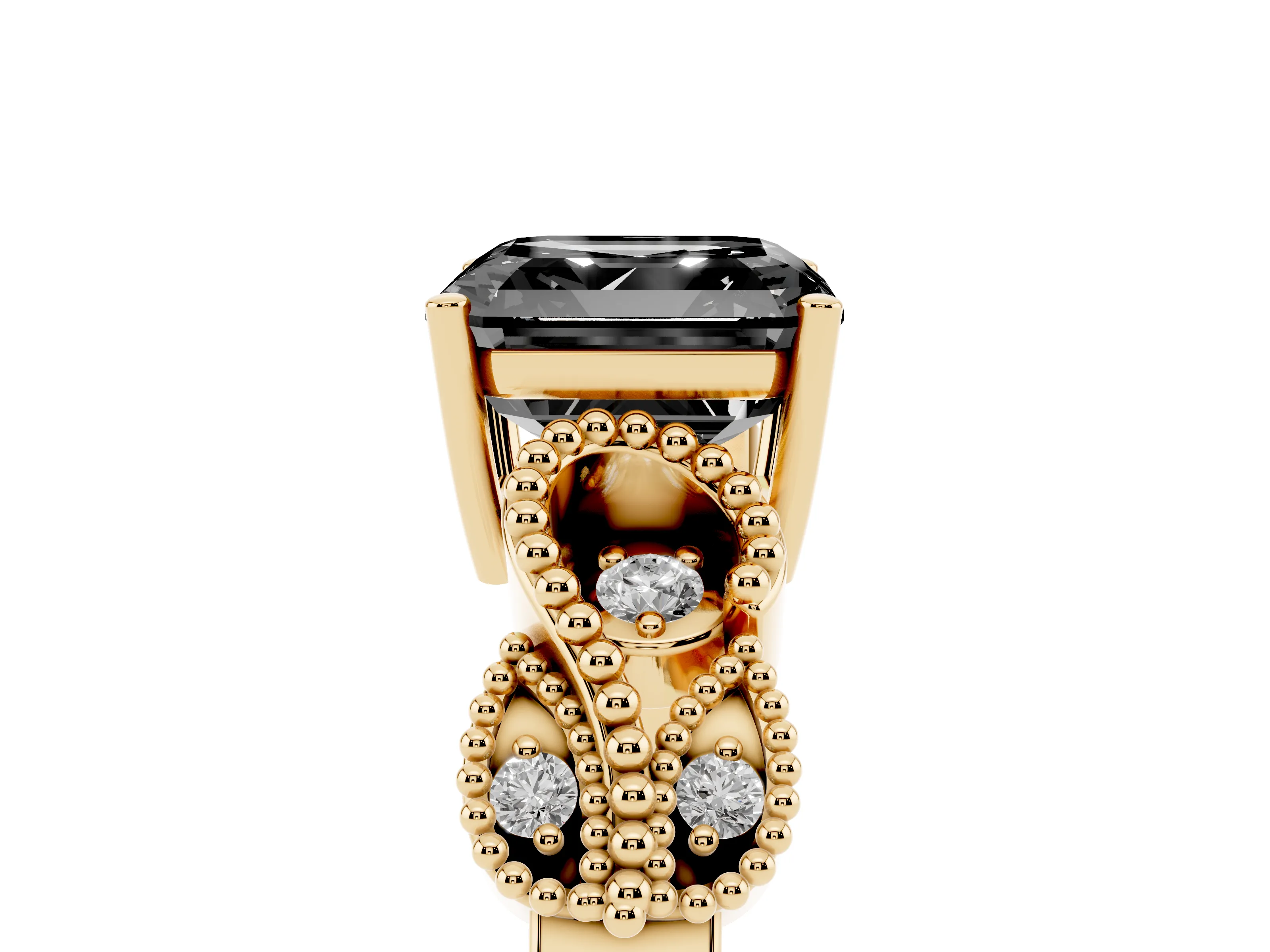 Fancy Black Asscher Cut Diamond Milgrain Leaf Band Solitaire Ring Set in Yellow gold with Accent Stones and Prong Setting