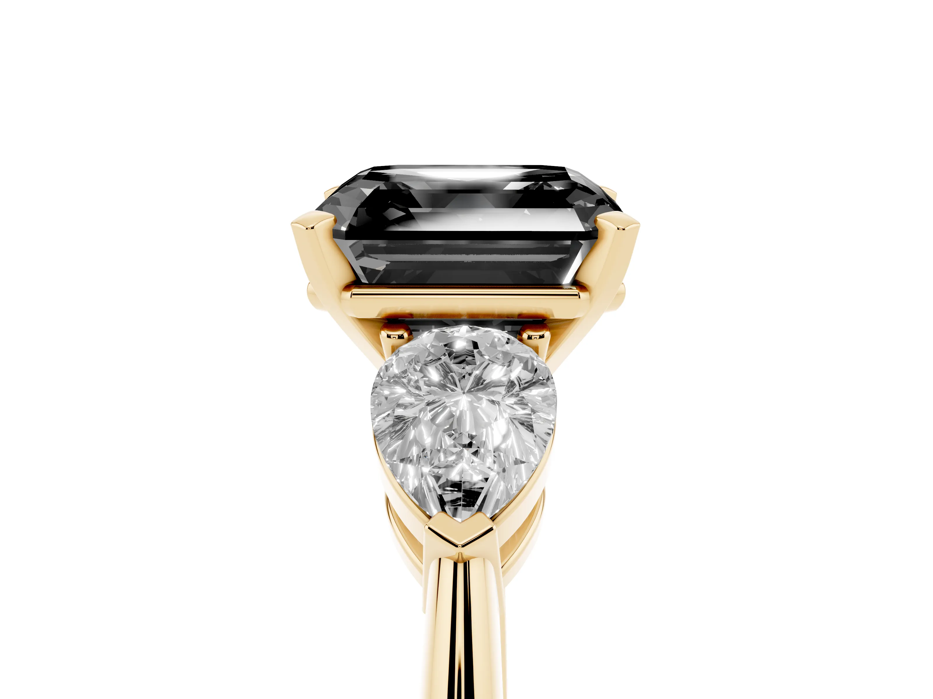 Fancy Black Three-Stone Asscher Cut Diamond Ring Set in Yellow gold with Pear Side Stones and Prong Setting