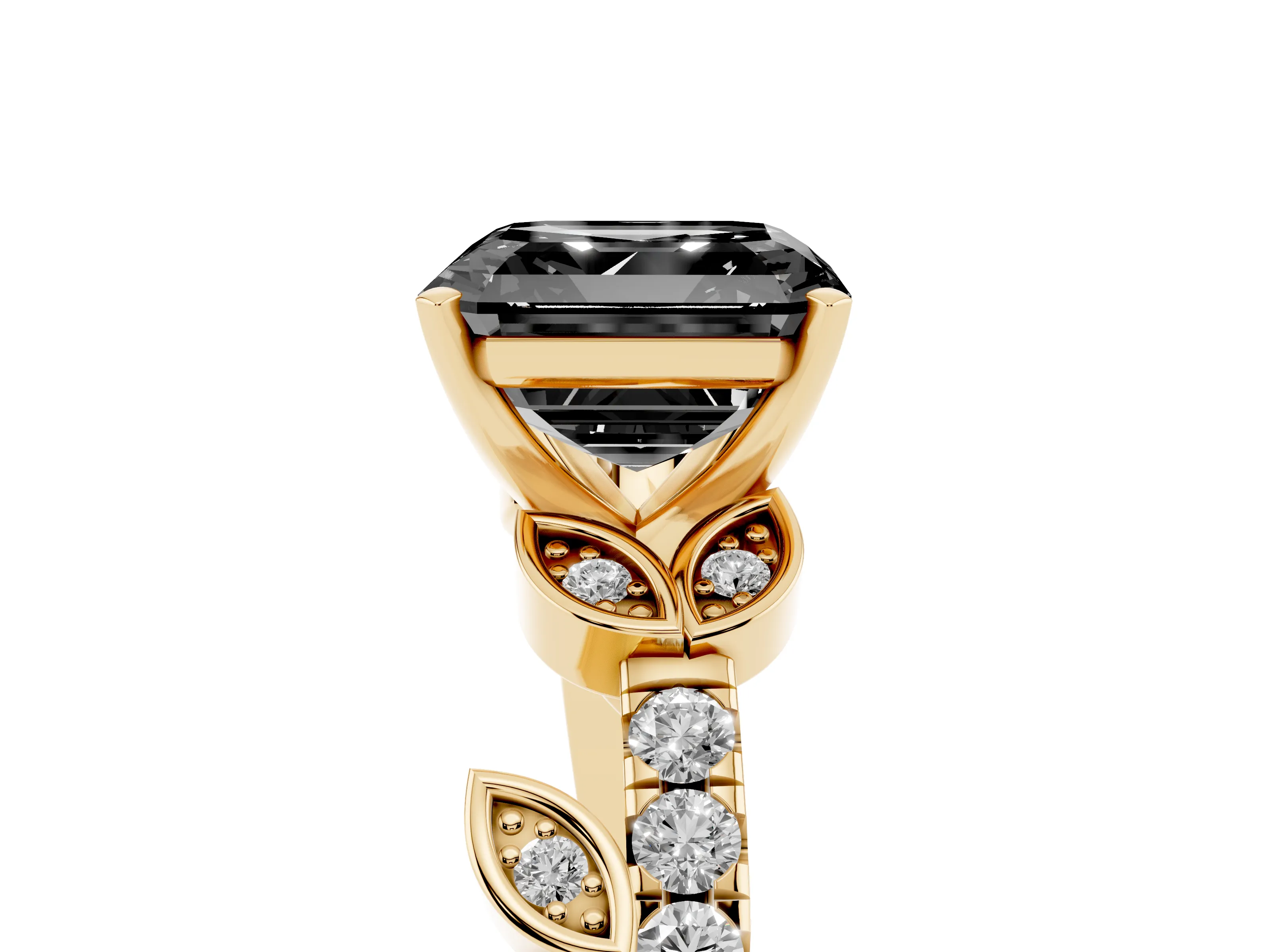 Fancy Black Asscher Cut Diamond Solitaire Leaf-Inspired Ring Set in Yellow gold with Pavé Band and Prong Setting