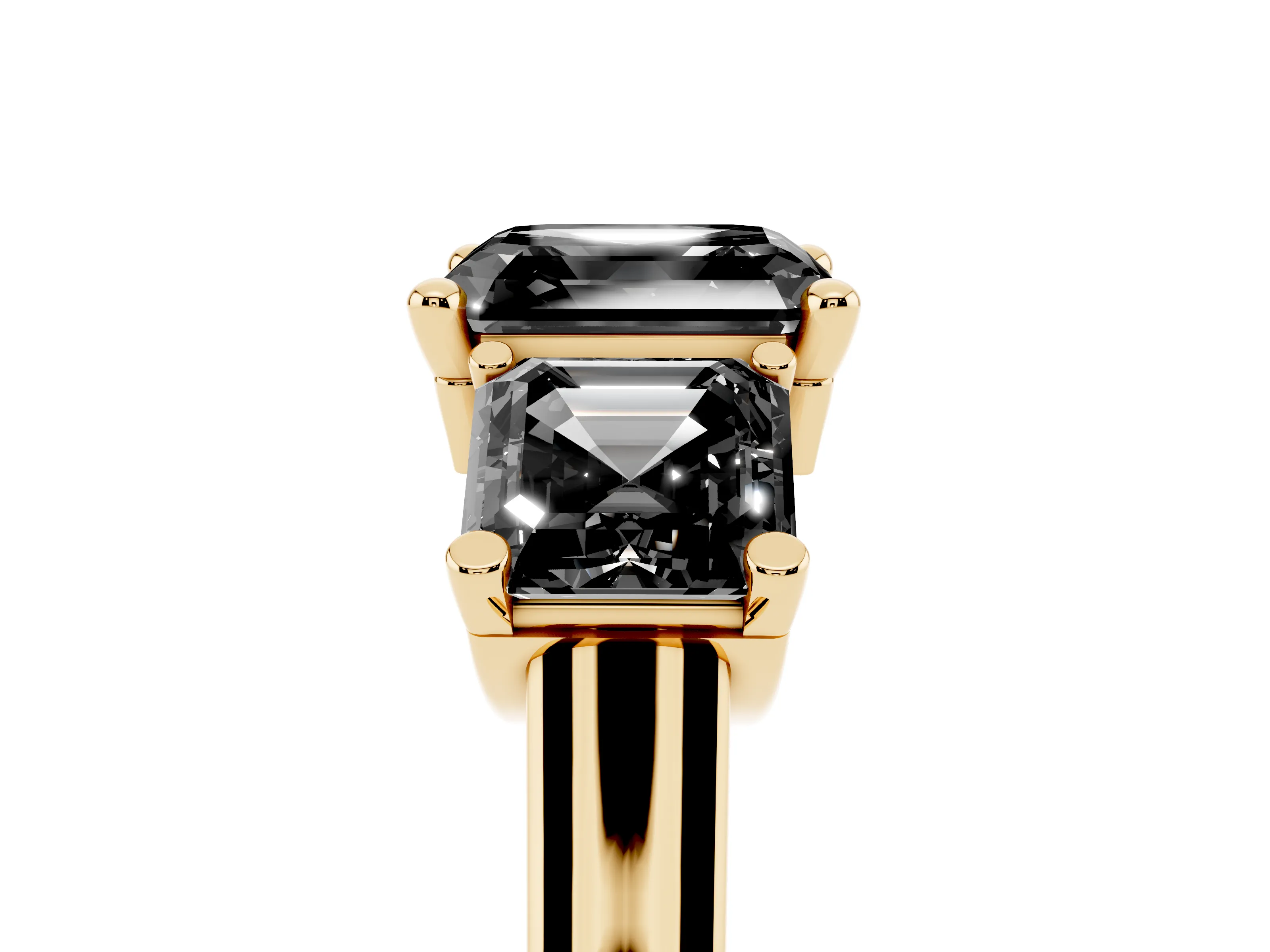 Fancy Black Asscher Cut Diamond Three-Stone Trellis Ring Set in Yellow gold with Comfort Fit Band