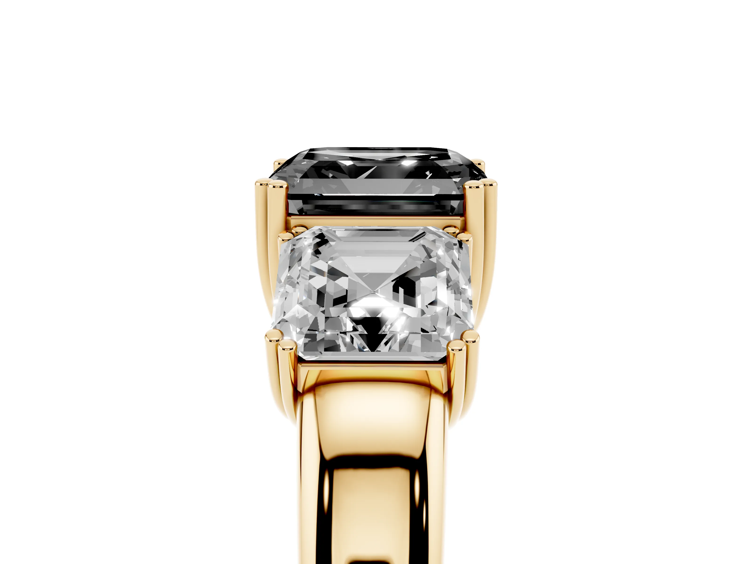 Fancy Black Asscher Cut Diamond Three-Stone Ring Set in Yellow gold with Polished Band and Prong Setting