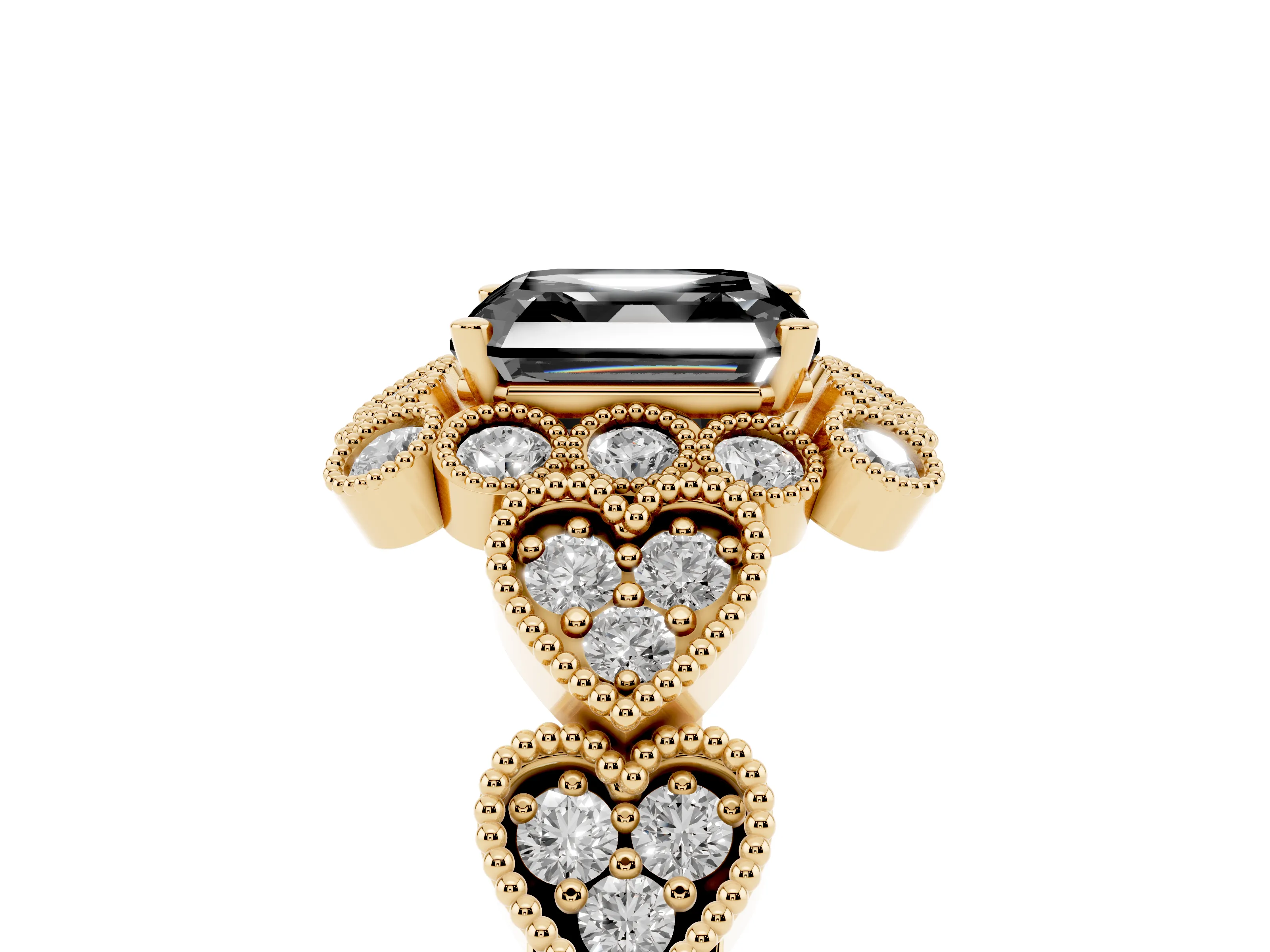 Fancy Black Asscher Cut Diamond Solitaire Ring Set in Yellow gold with Milgrain Pavé Heart Band